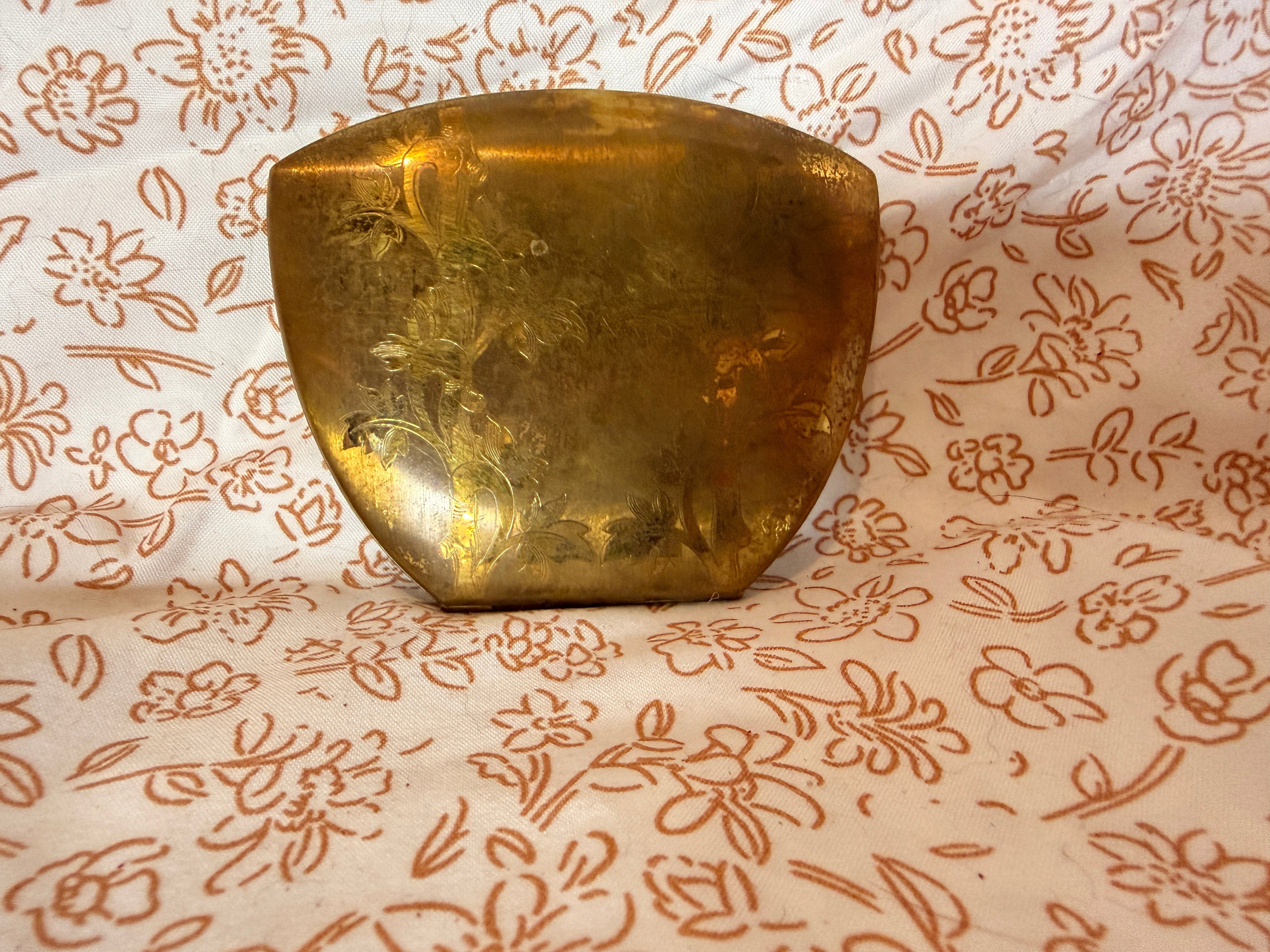 Vintage Brass Floral Etched Compact Mirror | Gold Tone Vanity Compact | Art Deco Style