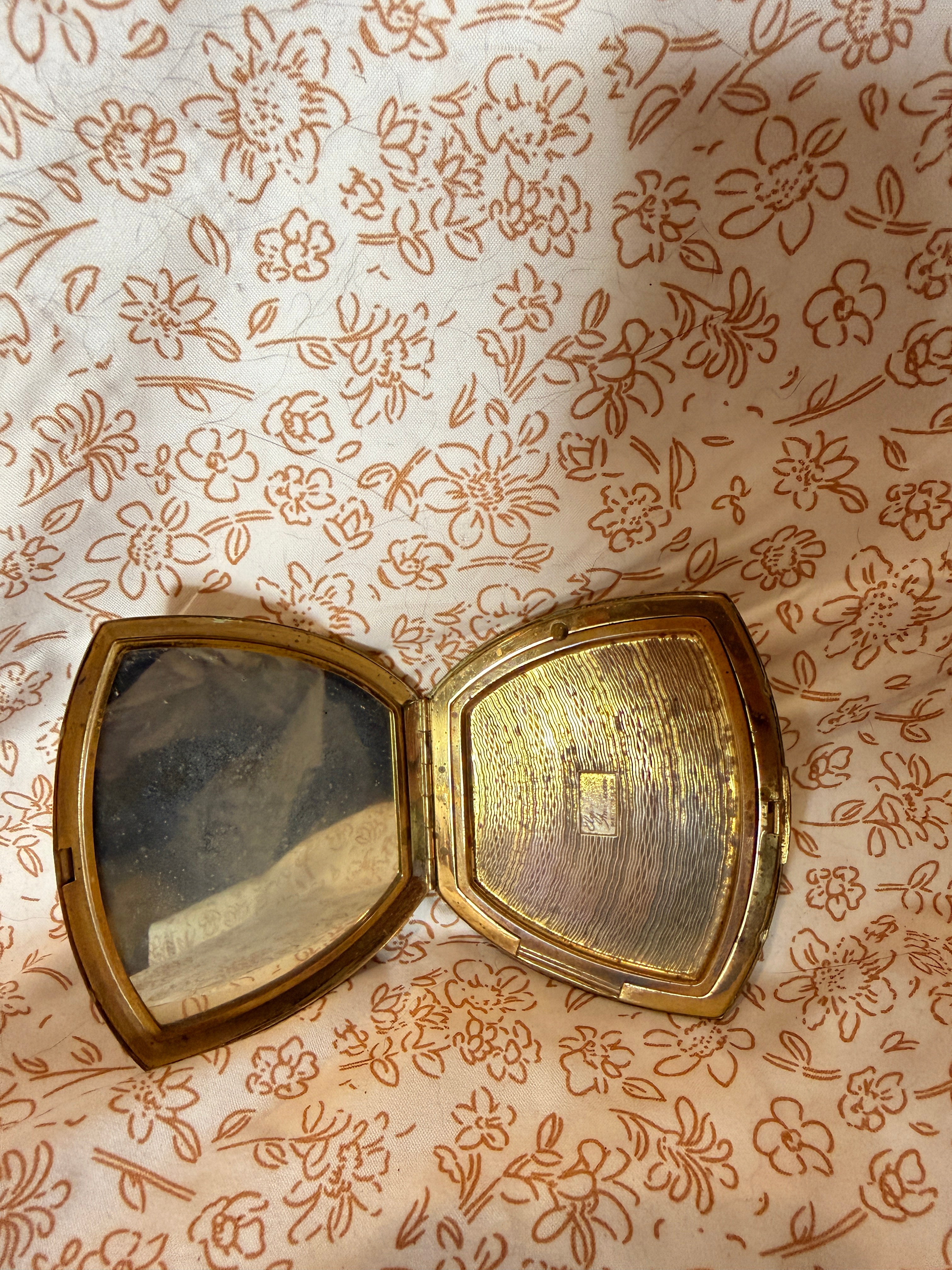 Vintage Brass Floral Etched Compact Mirror | Gold Tone Vanity Compact | Art Deco Style