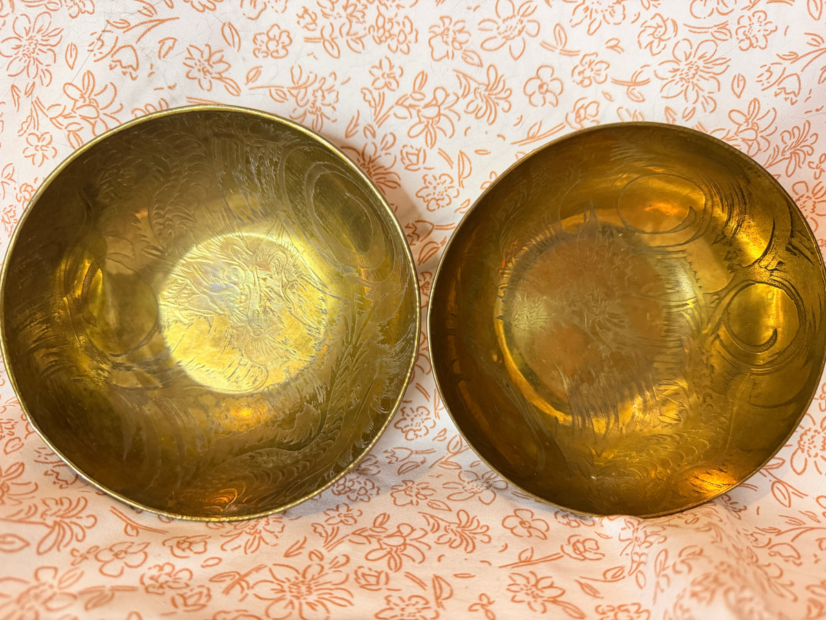 Vintage Hand-Etched Brass Bowl Pair | Dragon & Phoenix Motif | Hollywood Regency Decor