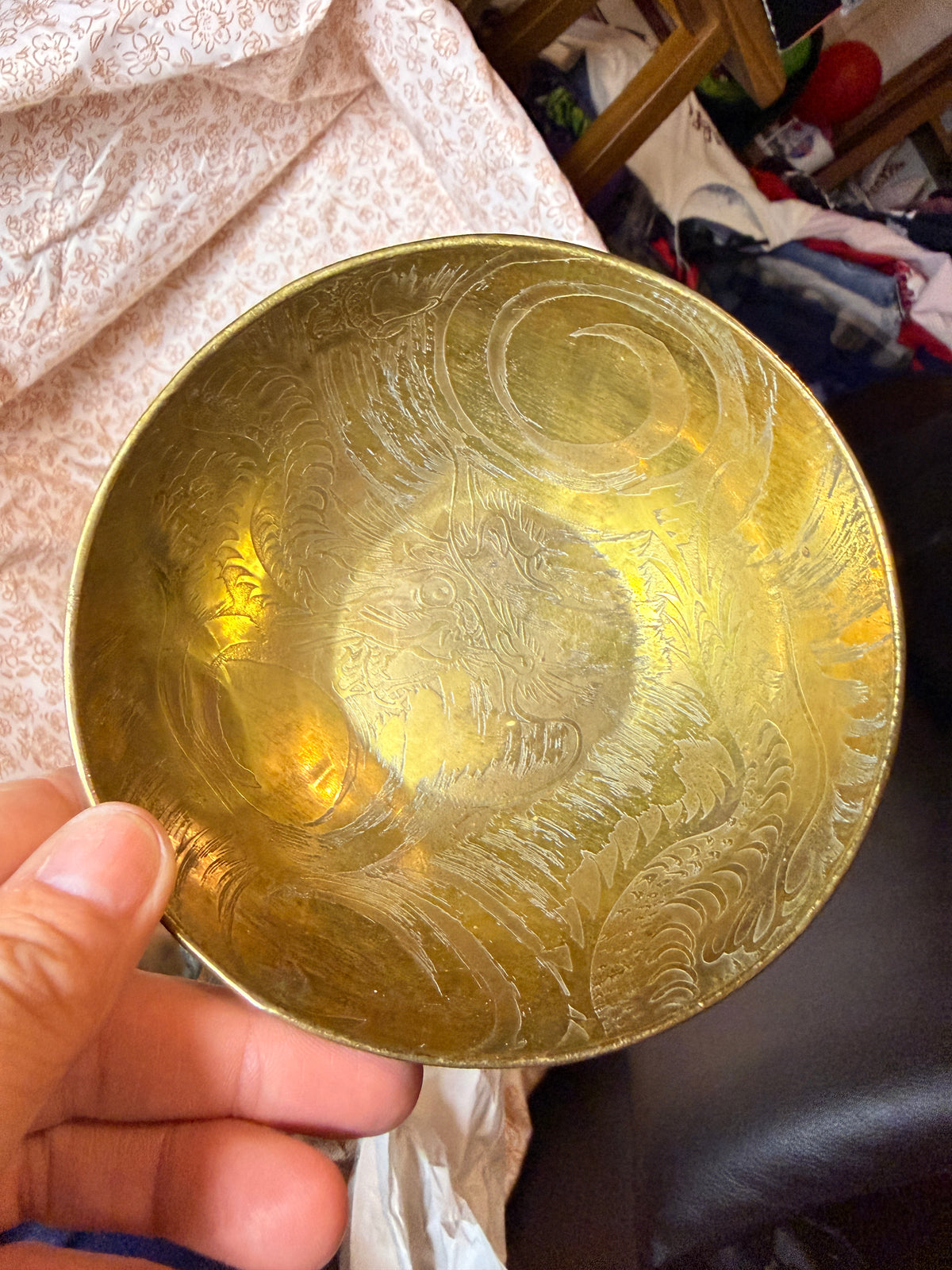 Vintage Hand-Etched Brass Bowl Pair | Dragon & Phoenix Motif | Hollywood Regency Decor