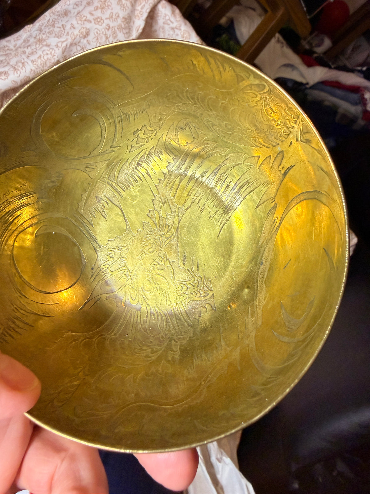 Vintage Hand-Etched Brass Bowl Pair | Dragon & Phoenix Motif | Hollywood Regency Decor