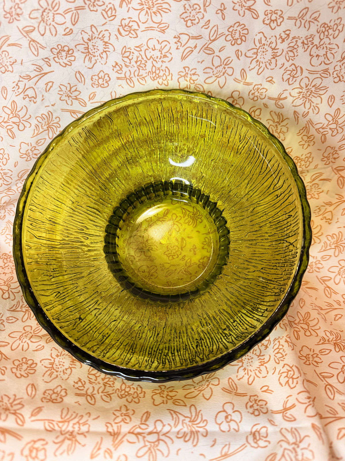 Vintage FTD Avocado Green Glass Floral Bowl | 1973 Textured Centerpiece Bowl | Mid Century Home Decor