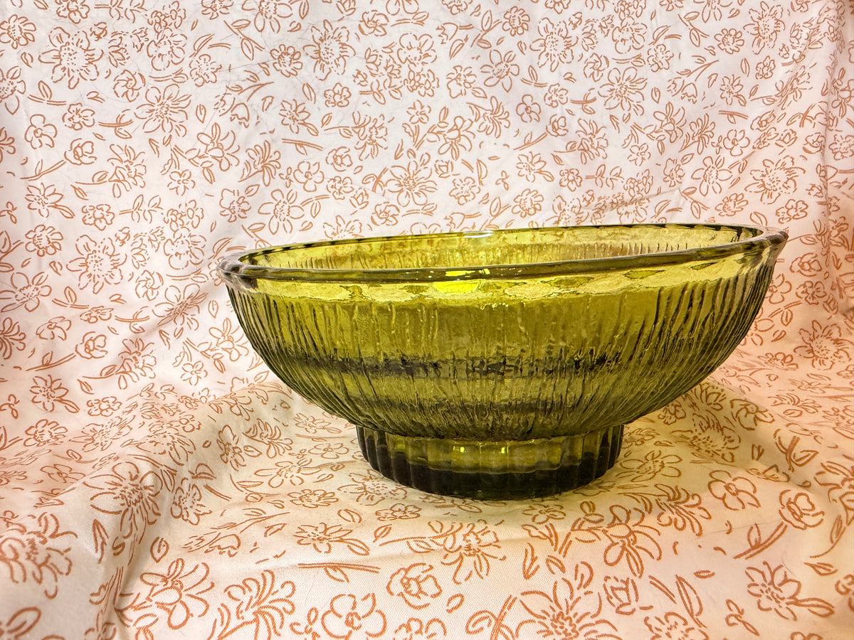 Vintage FTD Avocado Green Glass Floral Bowl | 1973 Textured Centerpiece Bowl | Mid Century Home Decor