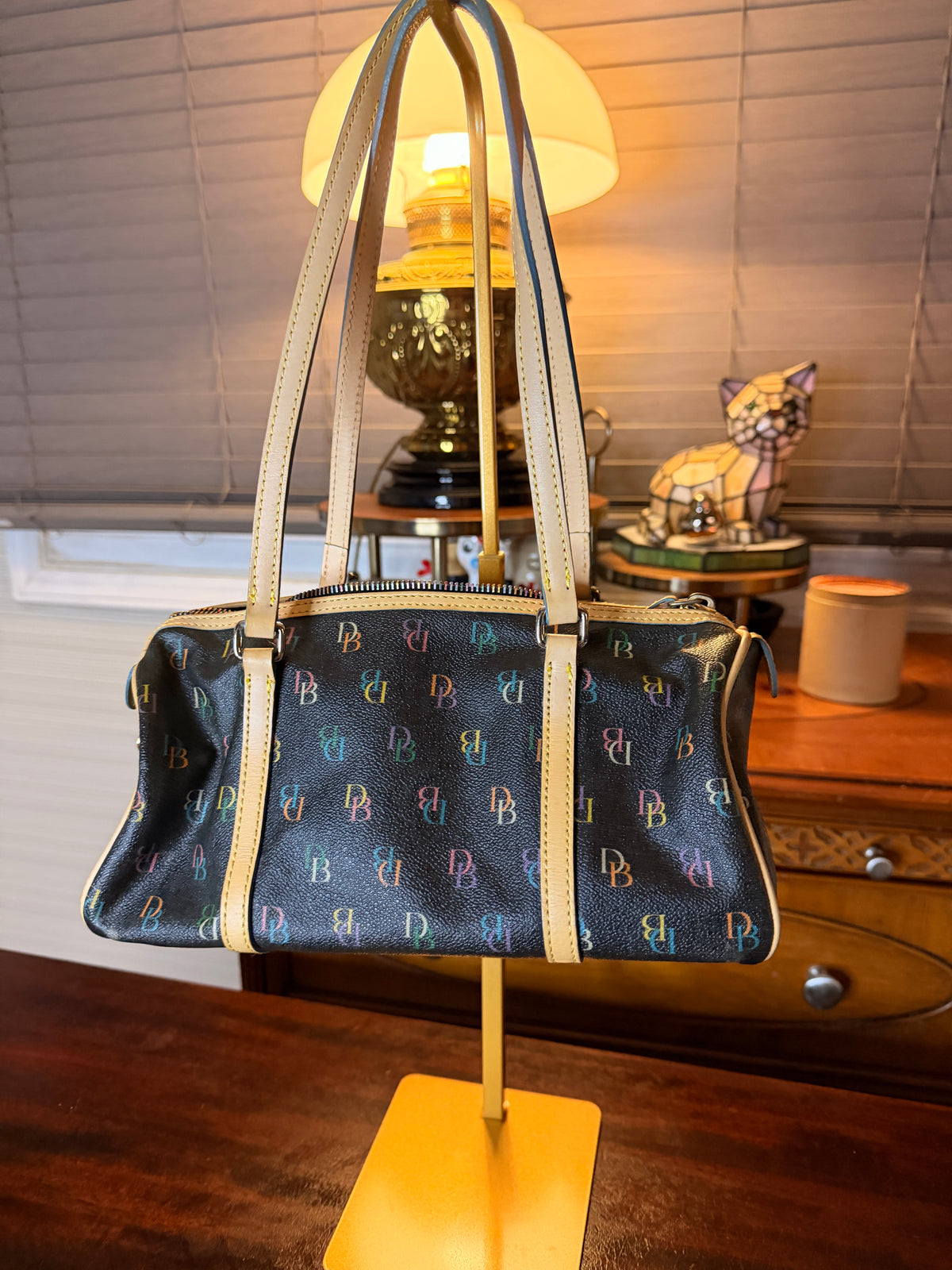 Vintage Dooney & Bourke Multicolor DB Monogram Satchel Y2K Shoulder Bag Black Canvas Leather Purse