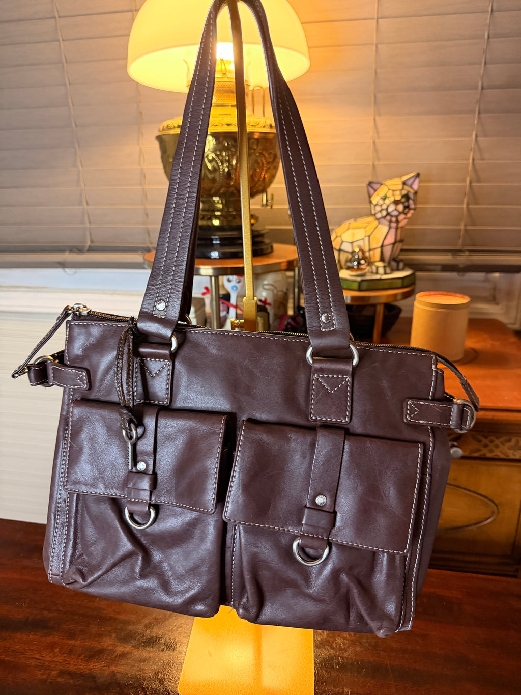 Vintage Fossil Brown Leather Multi Pocket Shoulder Bag Genuine Leather Satchel