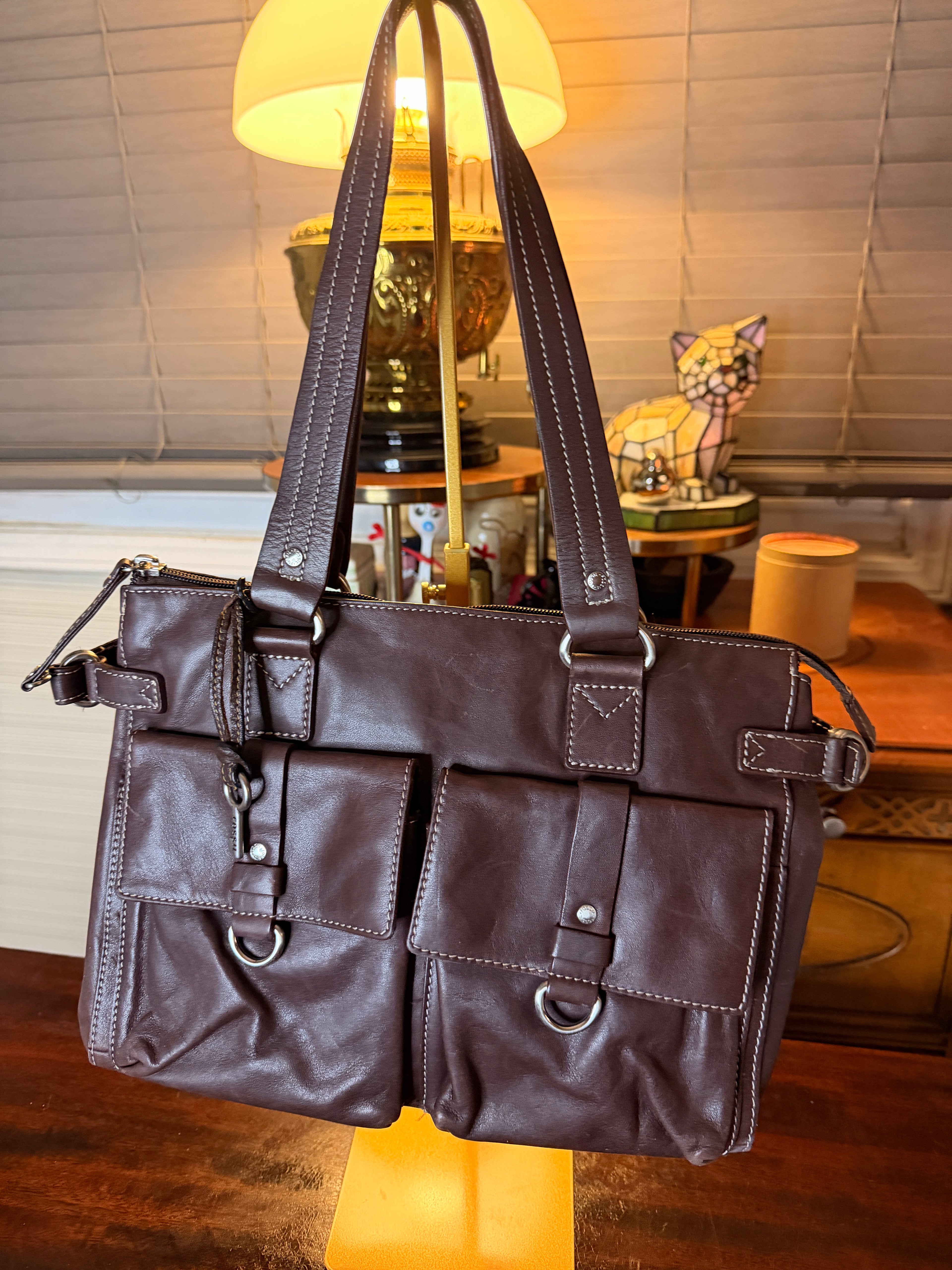 Vintage Fossil Brown Leather Multi Pocket Shoulder Bag Genuine Leather Satchel