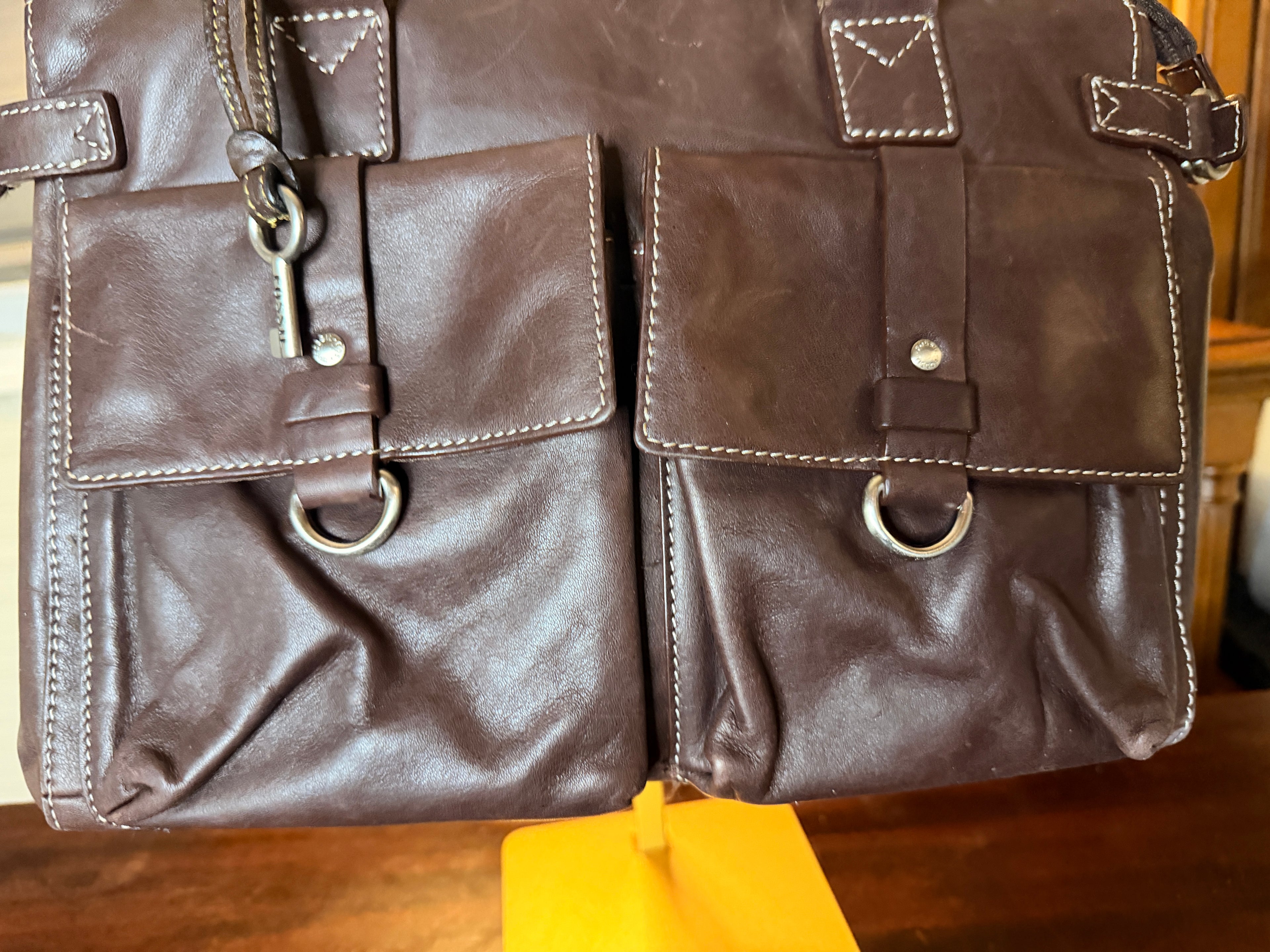 Vintage Fossil Brown Leather Multi Pocket Shoulder Bag Genuine Leather Satchel
