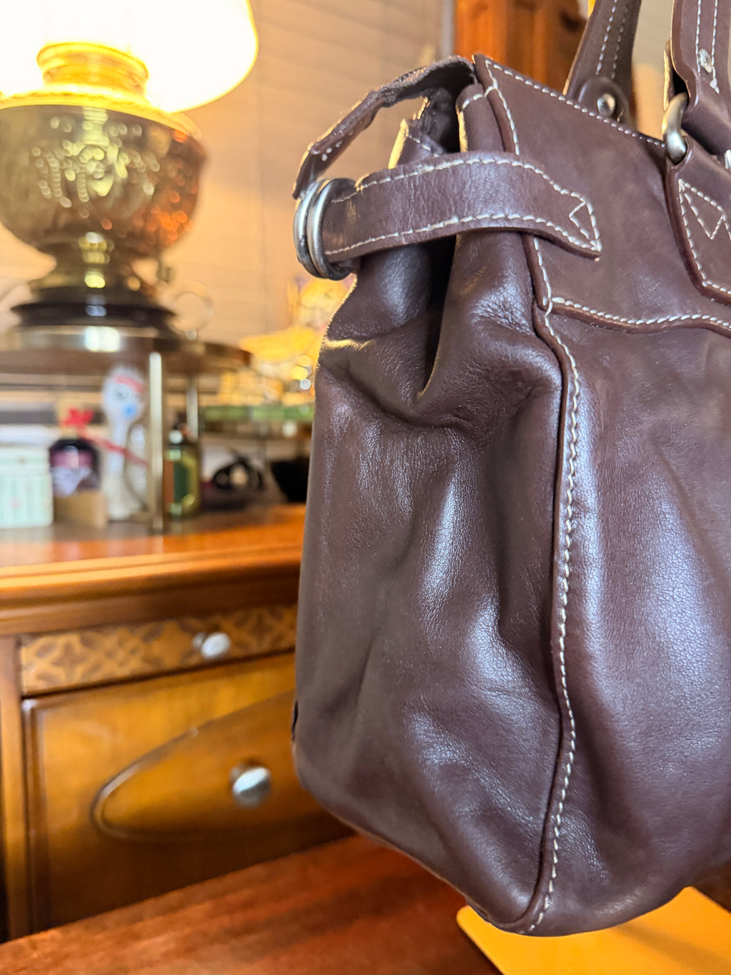 Vintage Fossil Brown Leather Multi Pocket Shoulder Bag Genuine Leather Satchel