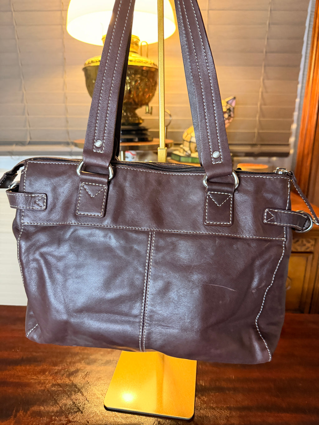 Vintage Fossil Brown Leather Multi Pocket Shoulder Bag Genuine Leather Satchel