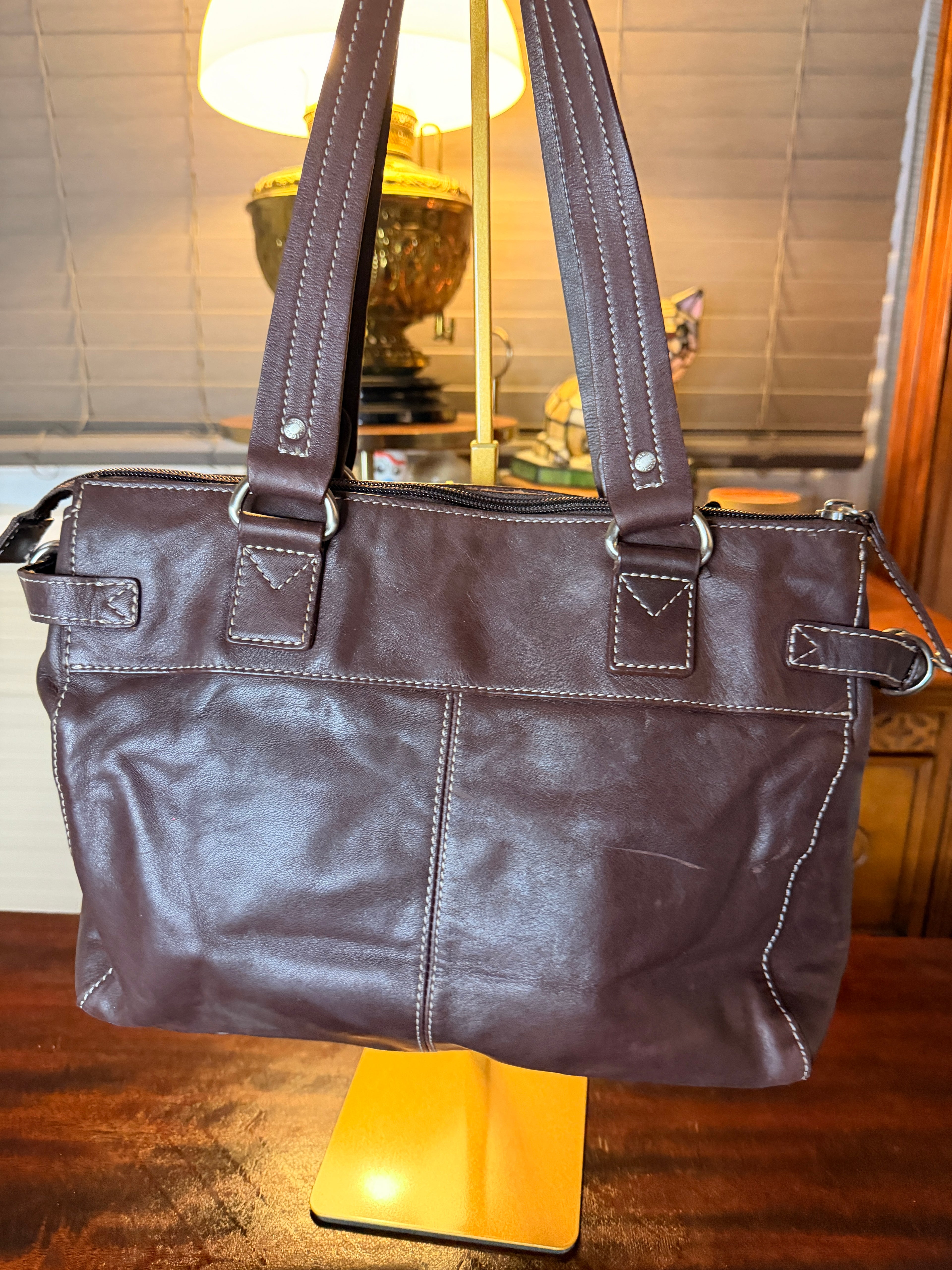 Vintage Fossil Brown Leather Multi Pocket Shoulder Bag Genuine Leather Satchel