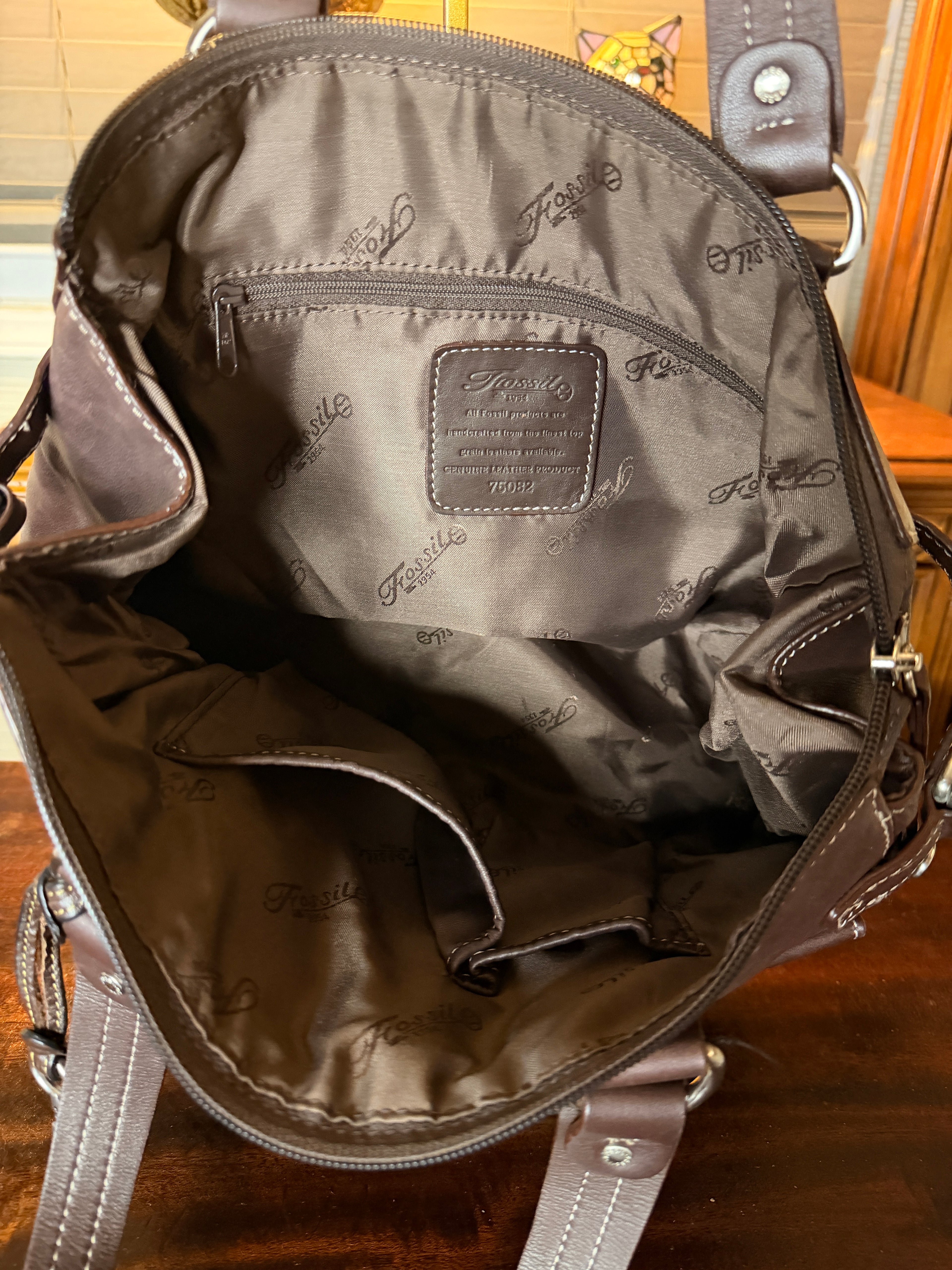 Vintage Fossil Brown Leather Multi Pocket Shoulder Bag Genuine Leather Satchel