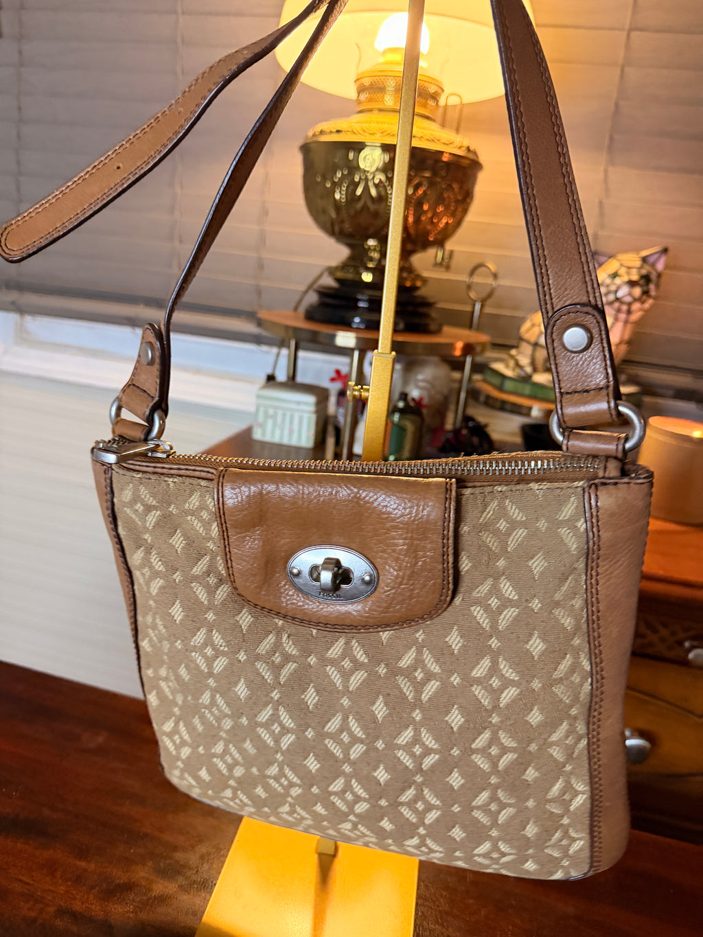 Vintage Fossil Canvas and Leather Turn Lock Shoulder Bag Brown Leather Trim Purse