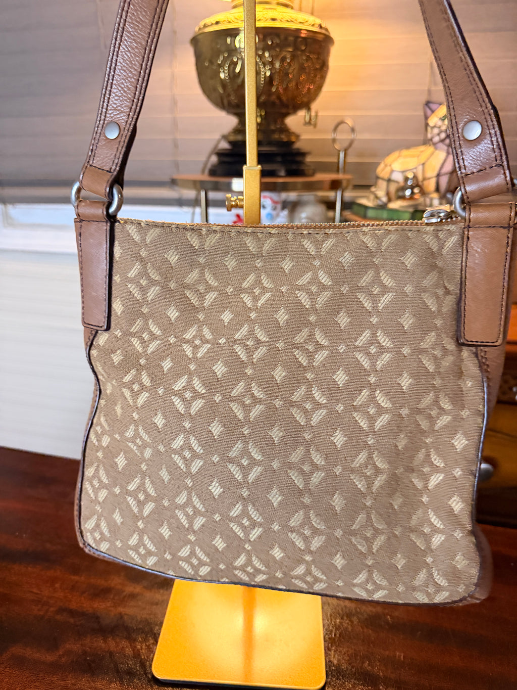 Vintage Fossil Canvas and Leather Turn Lock Shoulder Bag Brown Leather Trim Purse