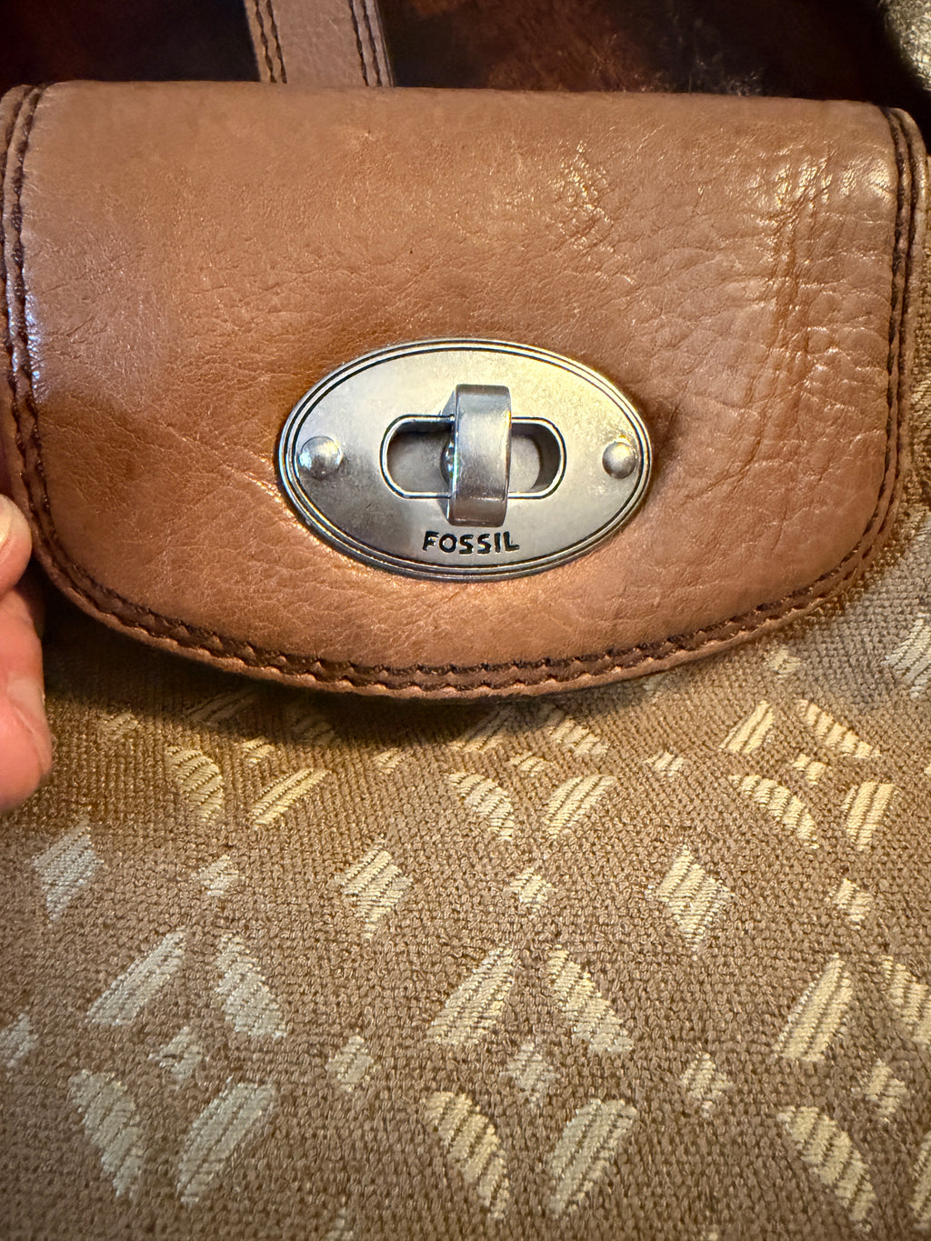 Vintage Fossil Canvas and Leather Turn Lock Shoulder Bag Brown Leather Trim Purse