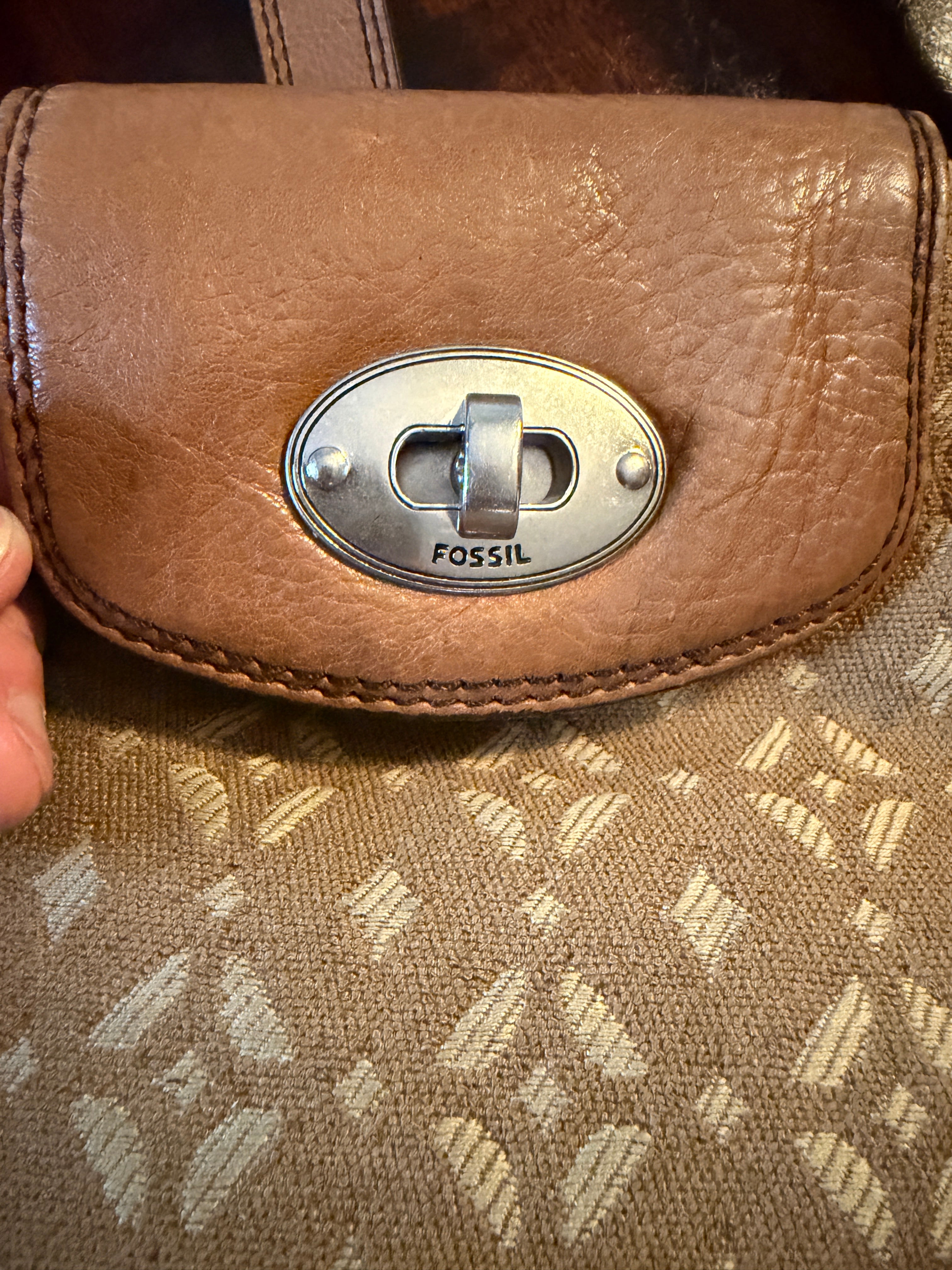 Vintage Fossil Canvas and Leather Turn Lock Shoulder Bag Brown Leather Trim Purse