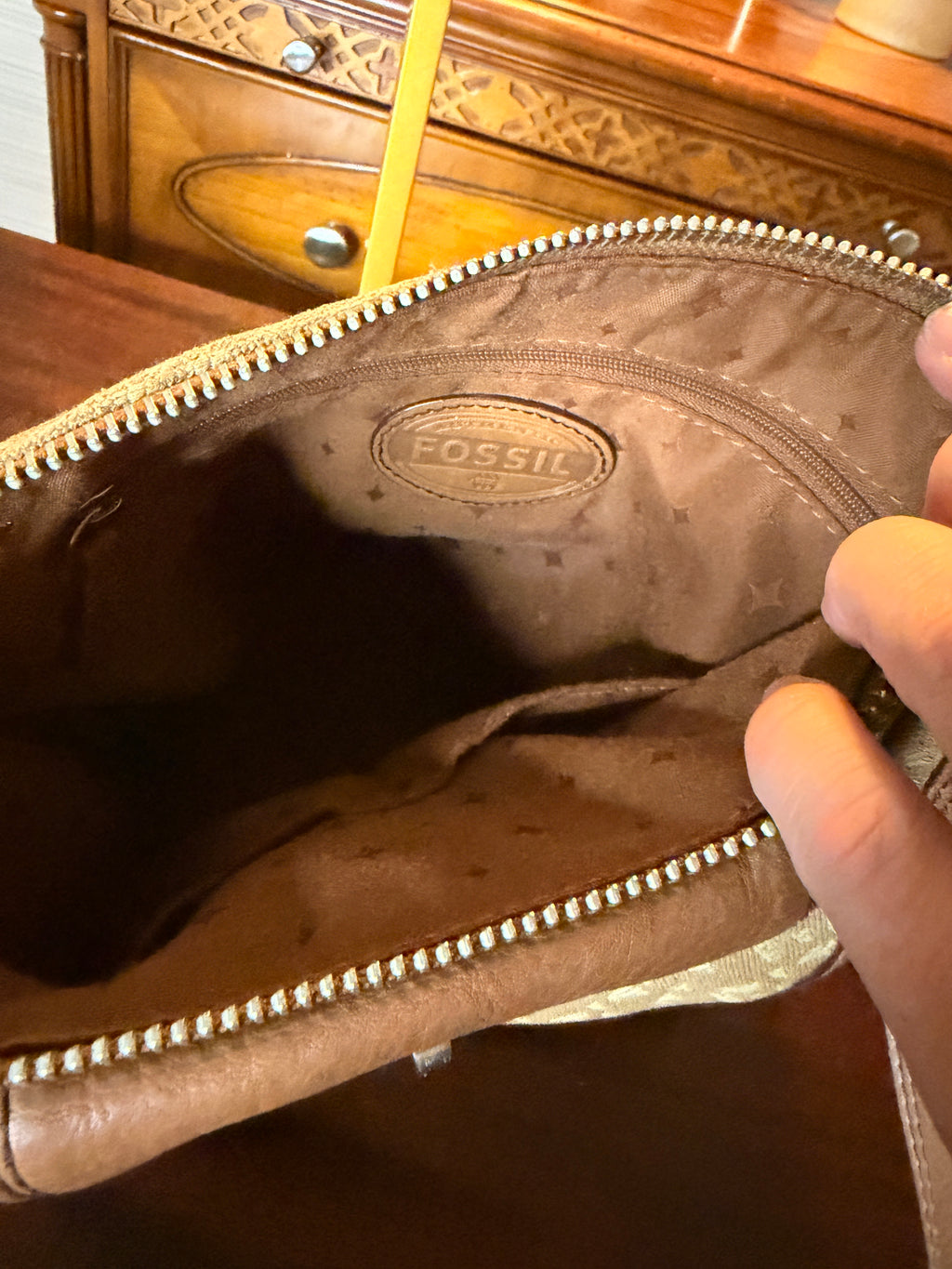 Vintage Fossil Canvas and Leather Turn Lock Shoulder Bag Brown Leather Trim Purse