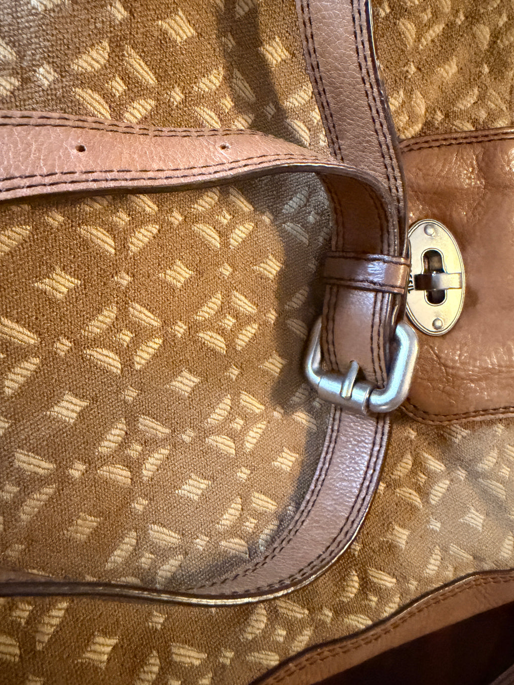 Vintage Fossil Canvas and Leather Turn Lock Shoulder Bag Brown Leather Trim Purse