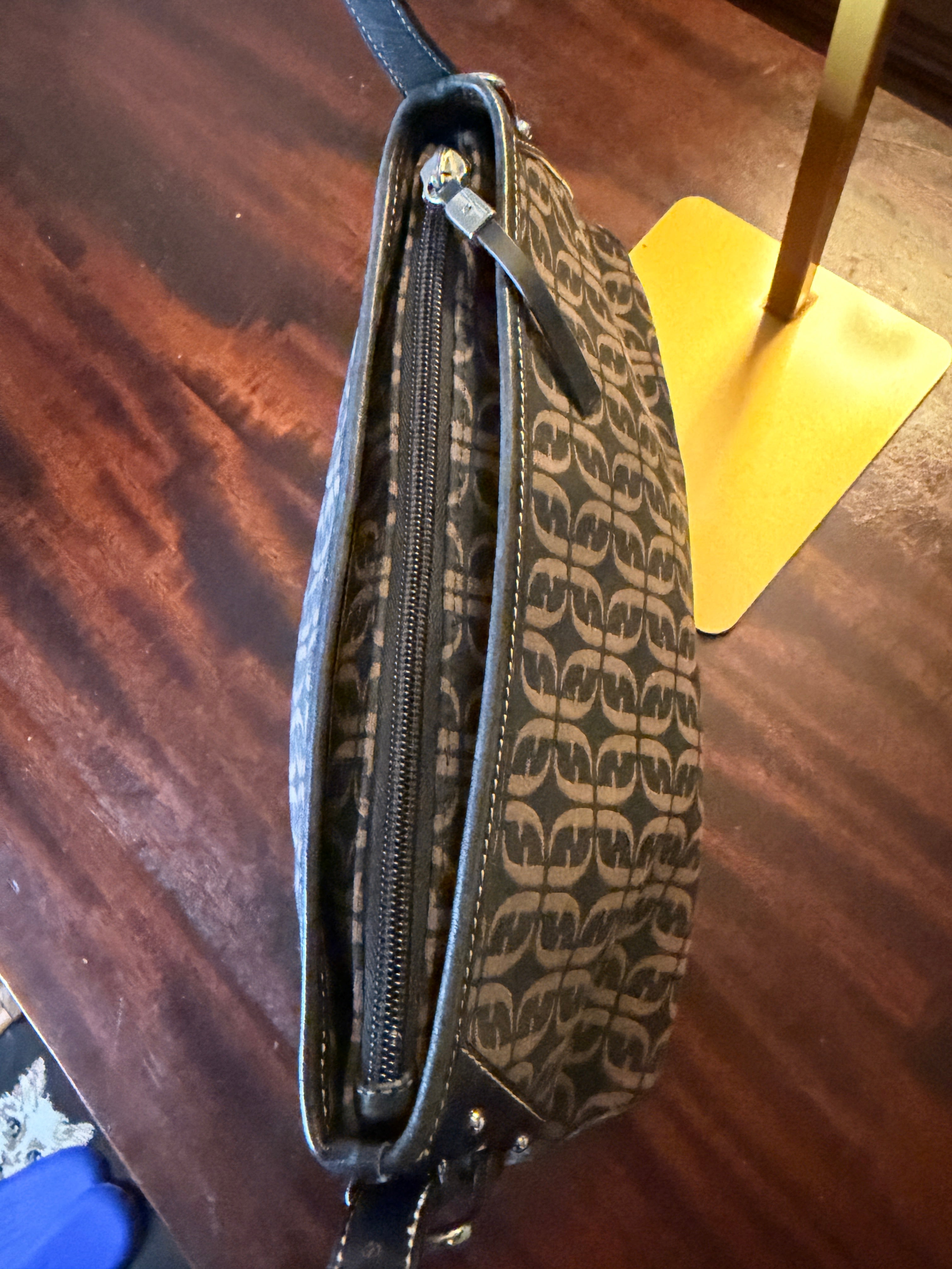 Vintage Fossil Signature Jacquard Shoulder Bag Black Leather Trim Canvas Logo Purse Y2K