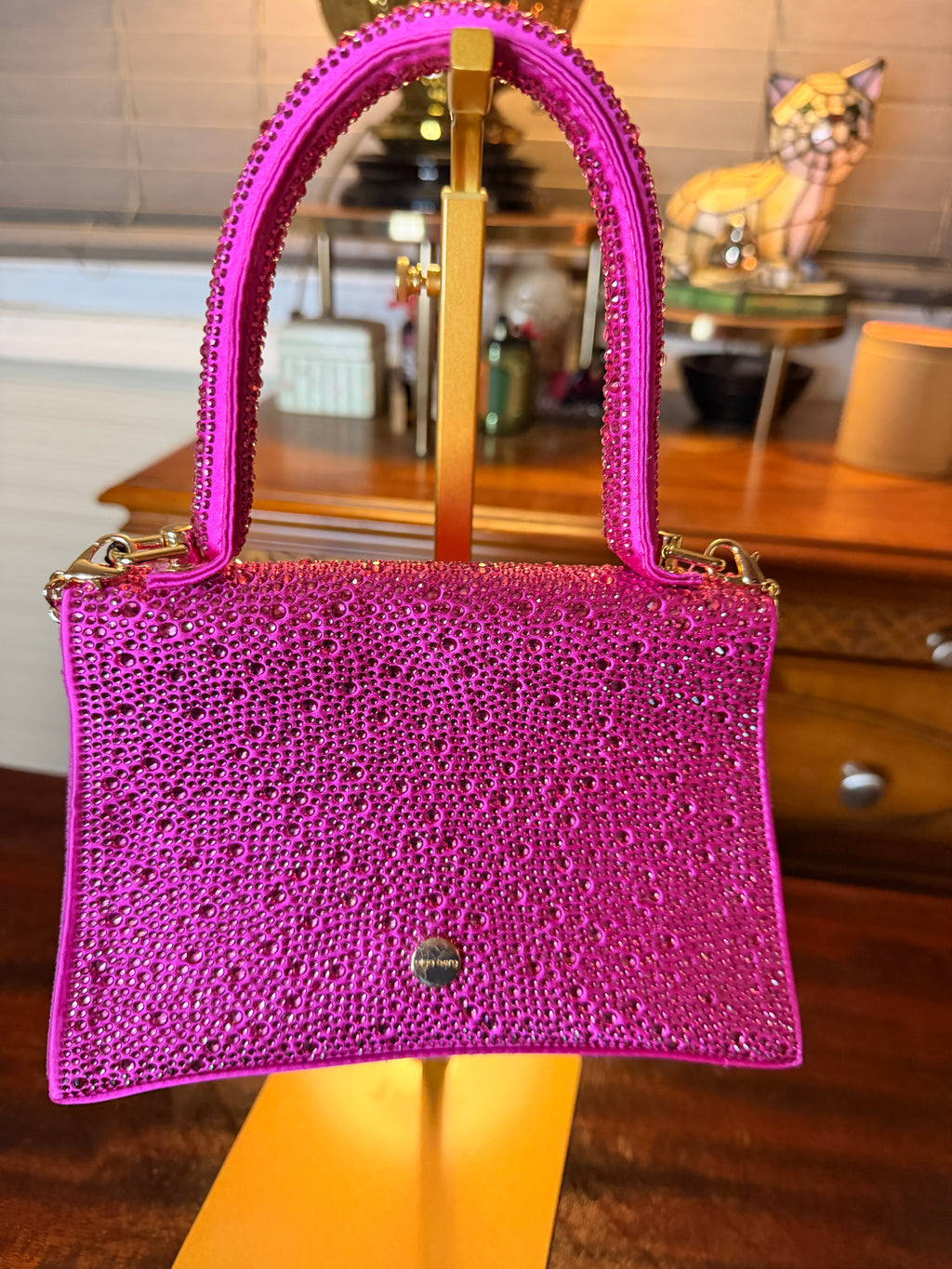 NWT Olga Berg Hot Pink Crystal Evening Bag Rhinestone Top Handle Crossbody Purse