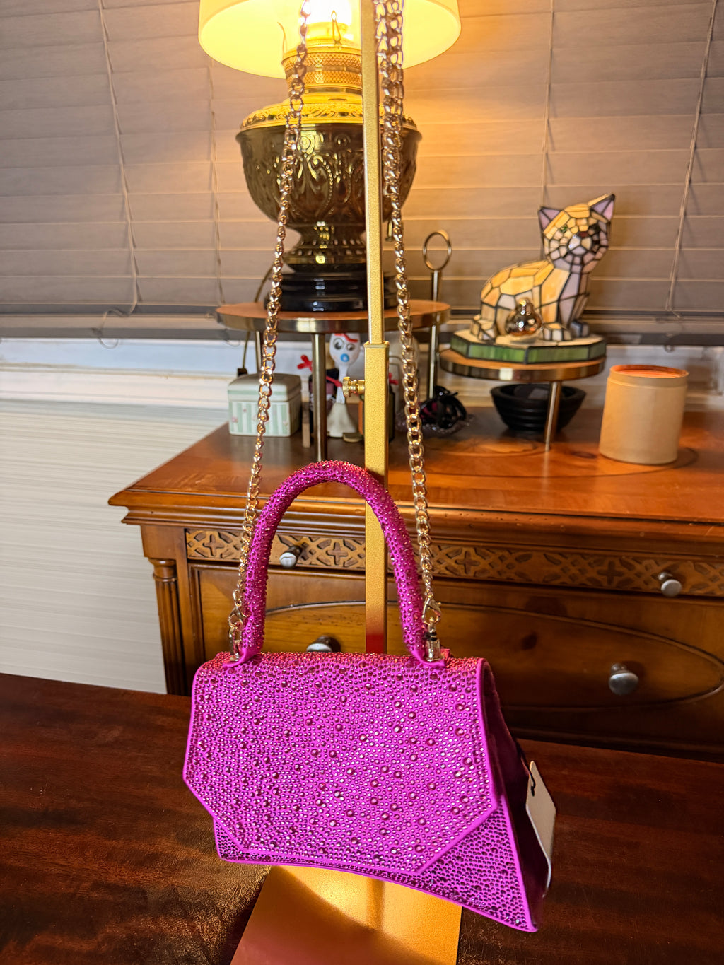 NWT Olga Berg Hot Pink Crystal Evening Bag Rhinestone Top Handle Crossbody Purse