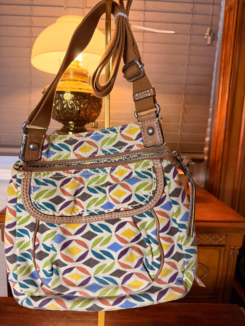 Fossil Canvas Crossbody Bag Multicolor Geometric Print Adjustable Strap Purse