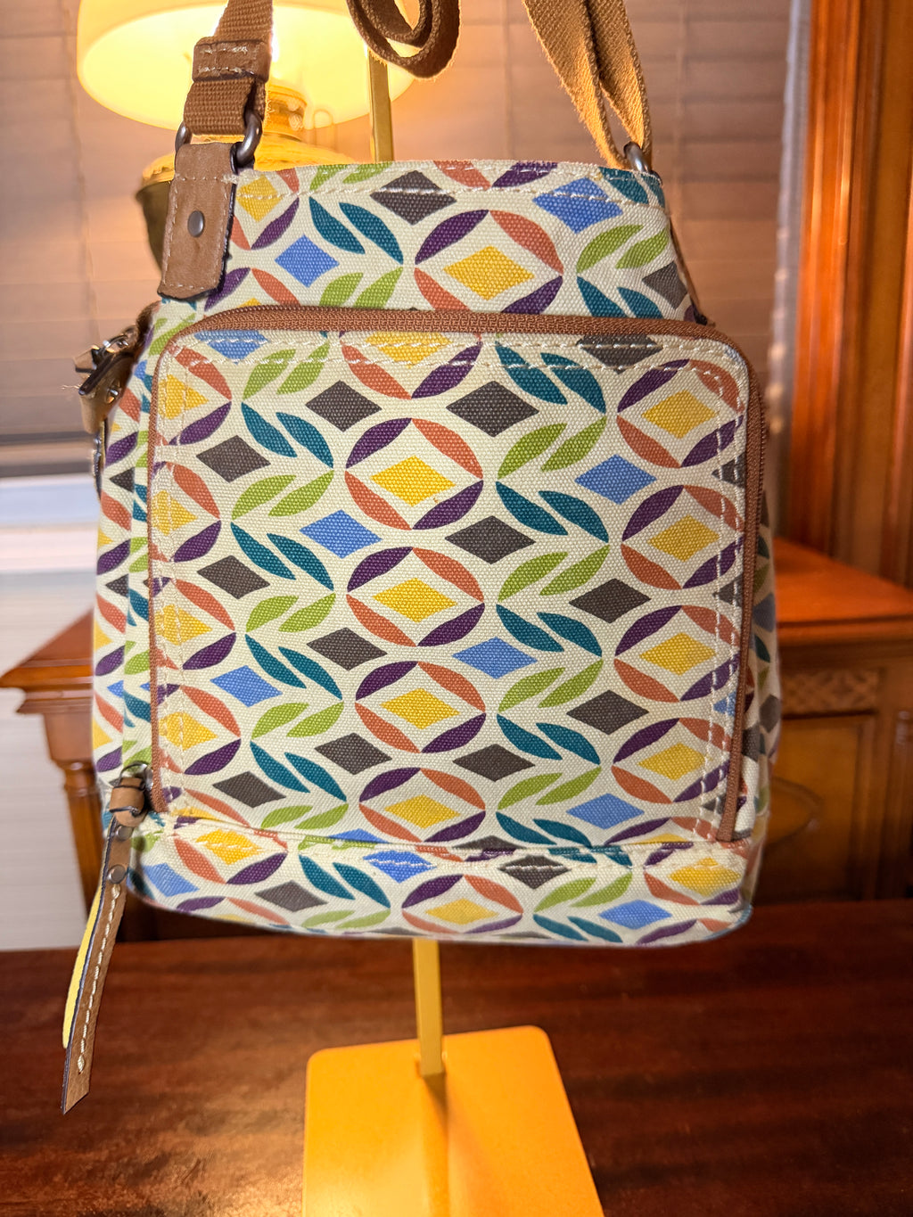 Fossil Canvas Crossbody Bag Multicolor Geometric Print Adjustable Strap Purse