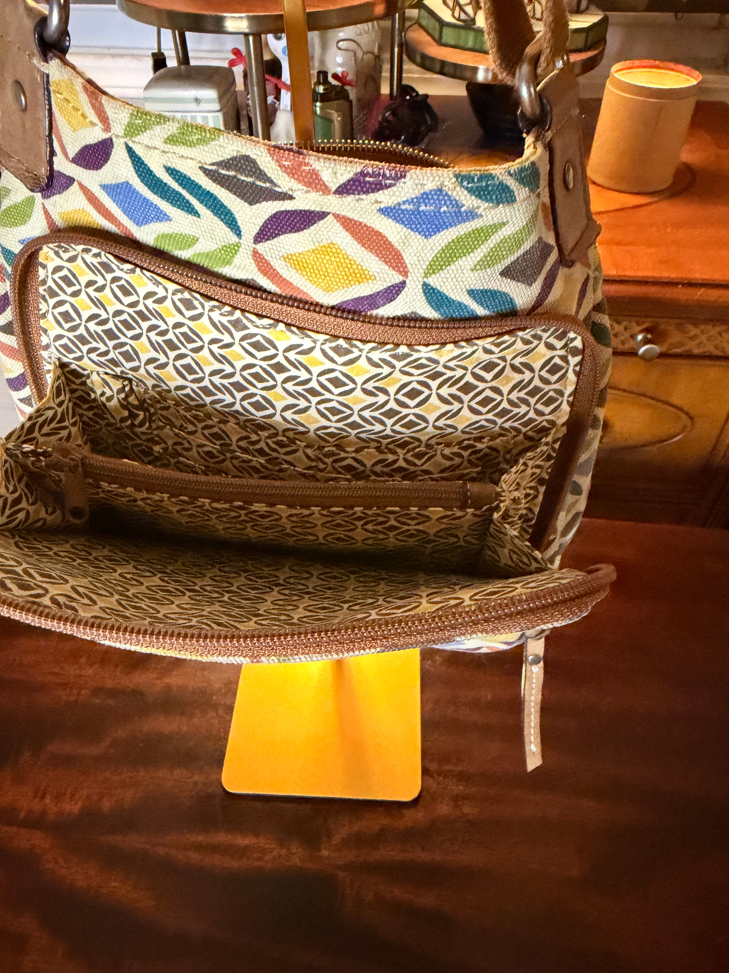 Fossil Canvas Crossbody Bag Multicolor Geometric Print Adjustable Strap Purse