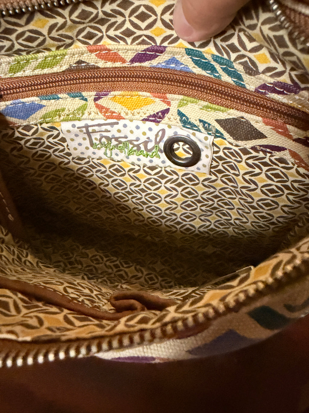 Fossil Canvas Crossbody Bag Multicolor Geometric Print Adjustable Strap Purse