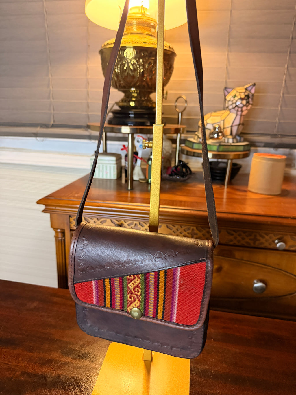 Handmade Peruvian Leather Crossbody Bag Woven Textile Boho Artisan Shoulder Purse