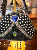 Handmade Black Beaded Boho Shoulder Bag with Gemstone Accents & Fringe