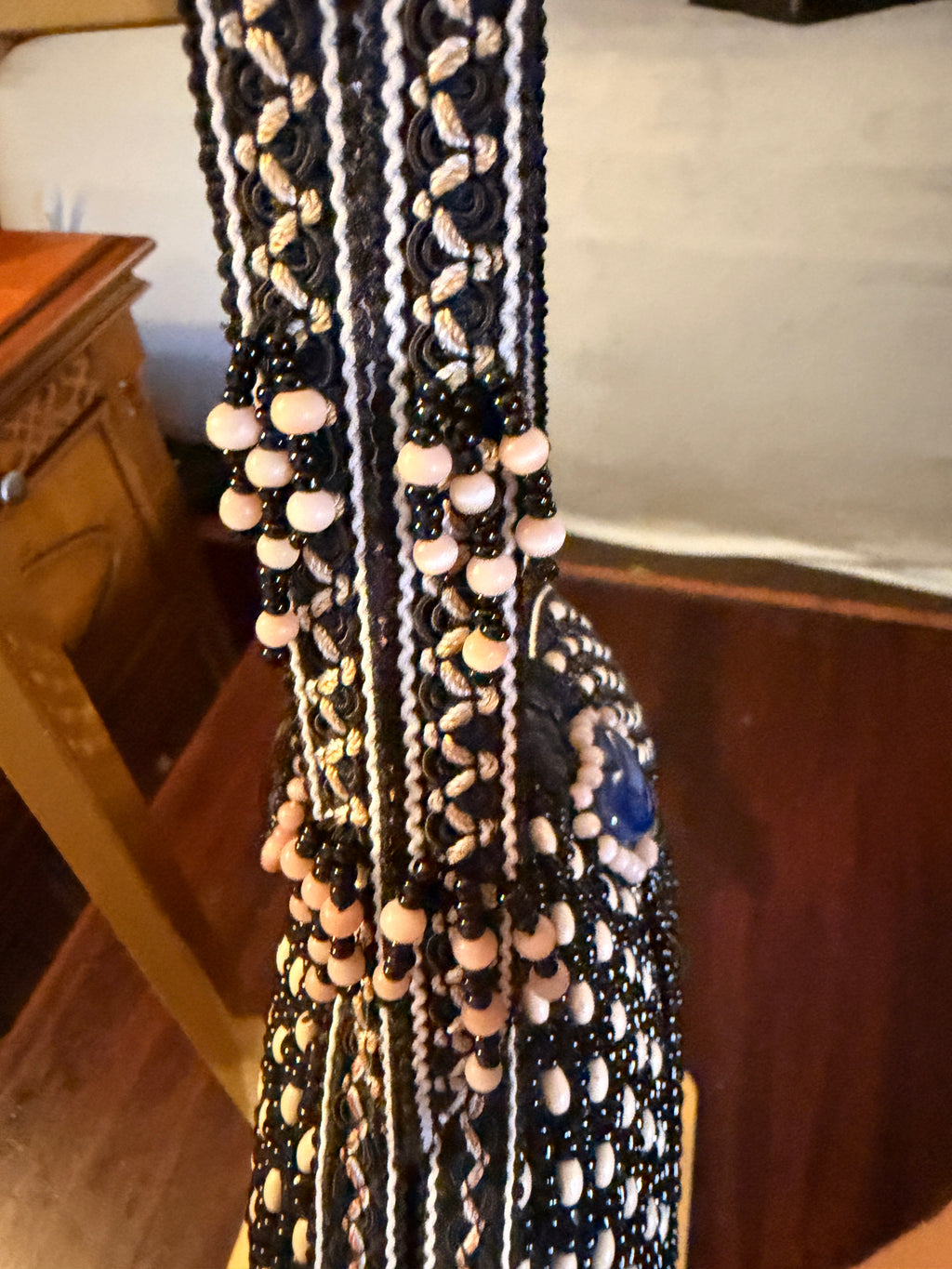 Handmade Black Beaded Boho Shoulder Bag with Gemstone Accents & Fringe