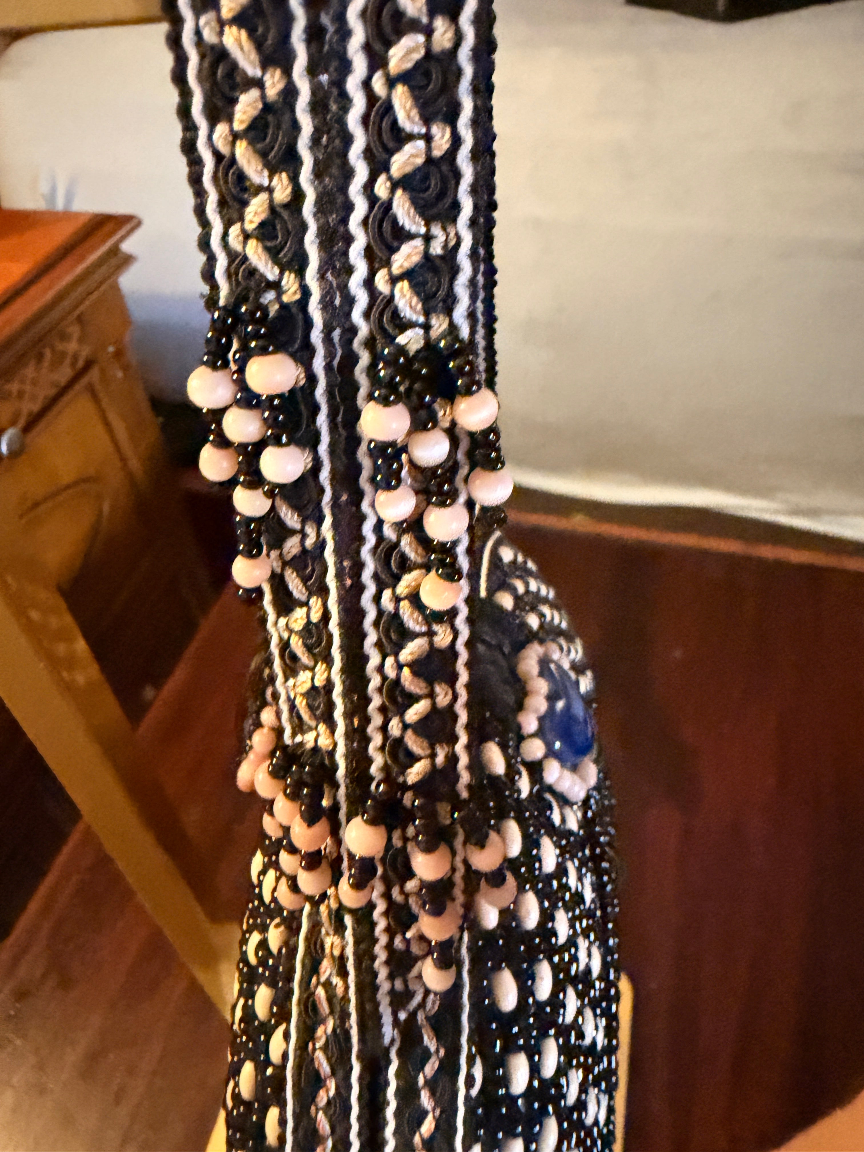 Handmade Black Beaded Boho Shoulder Bag with Gemstone Accents & Fringe
