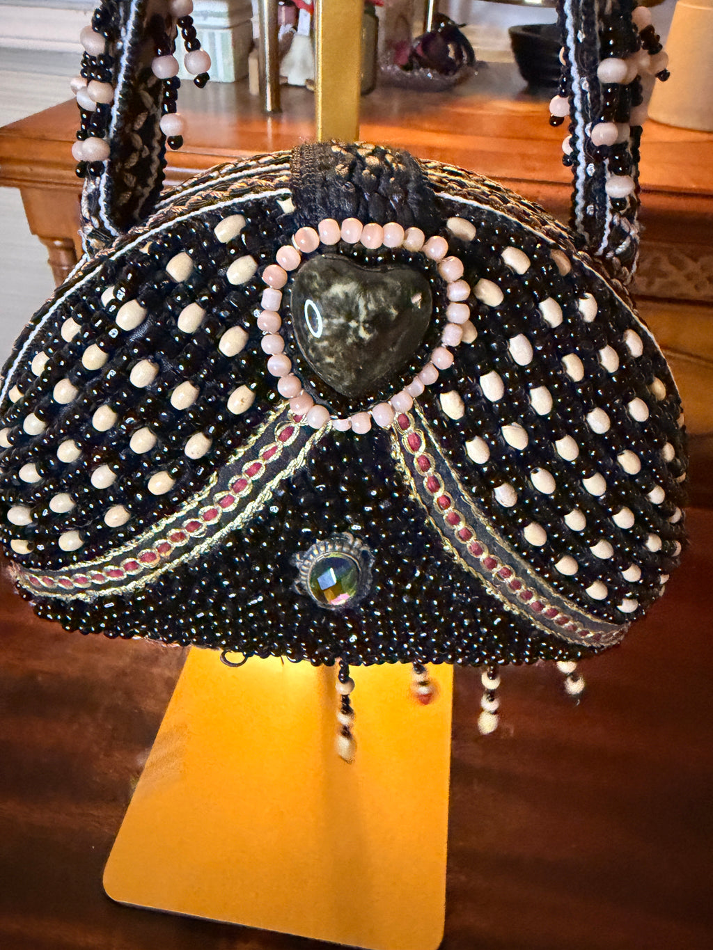 Handmade Black Beaded Boho Shoulder Bag with Gemstone Accents & Fringe
