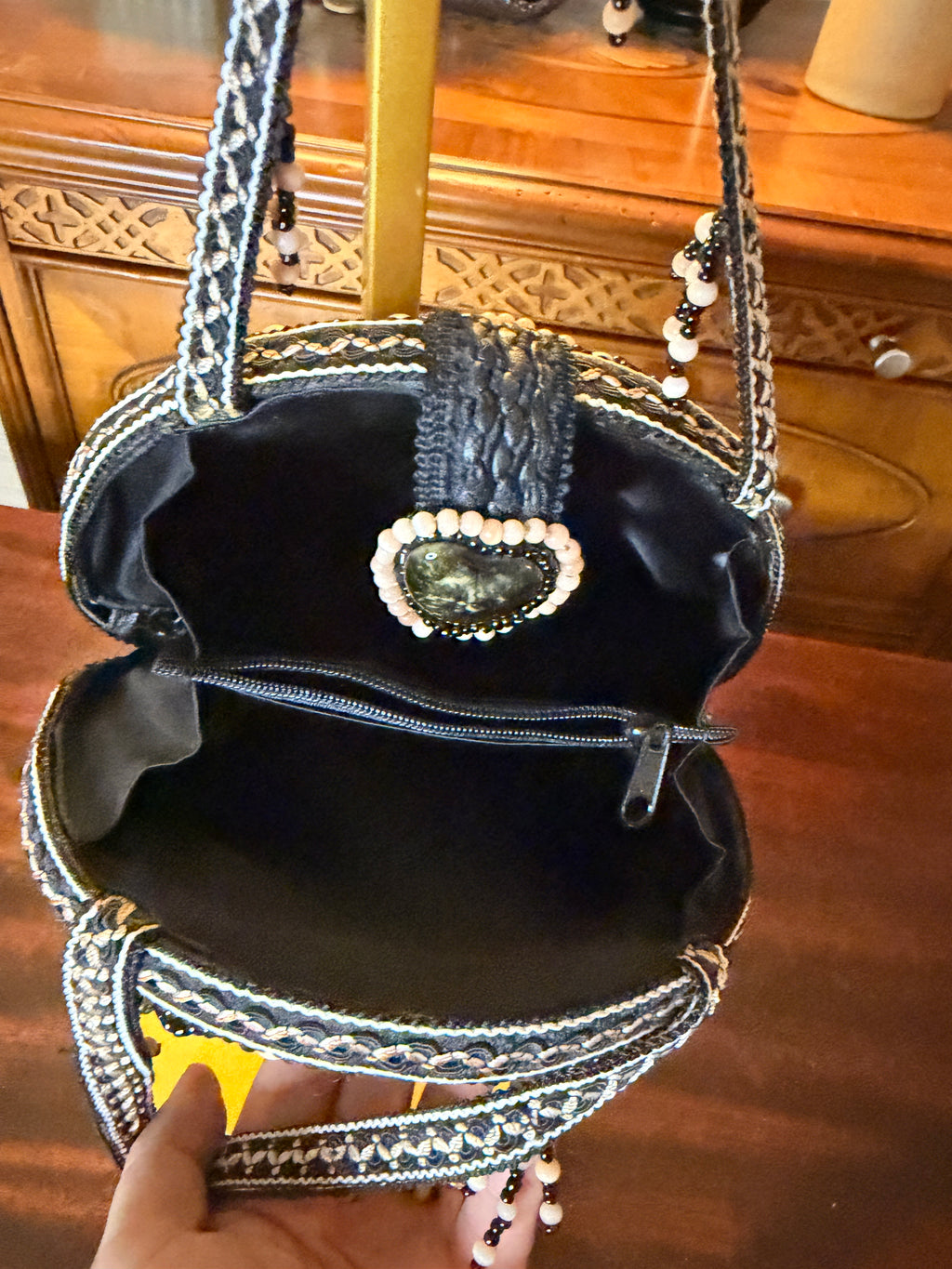 Handmade Black Beaded Boho Shoulder Bag with Gemstone Accents & Fringe