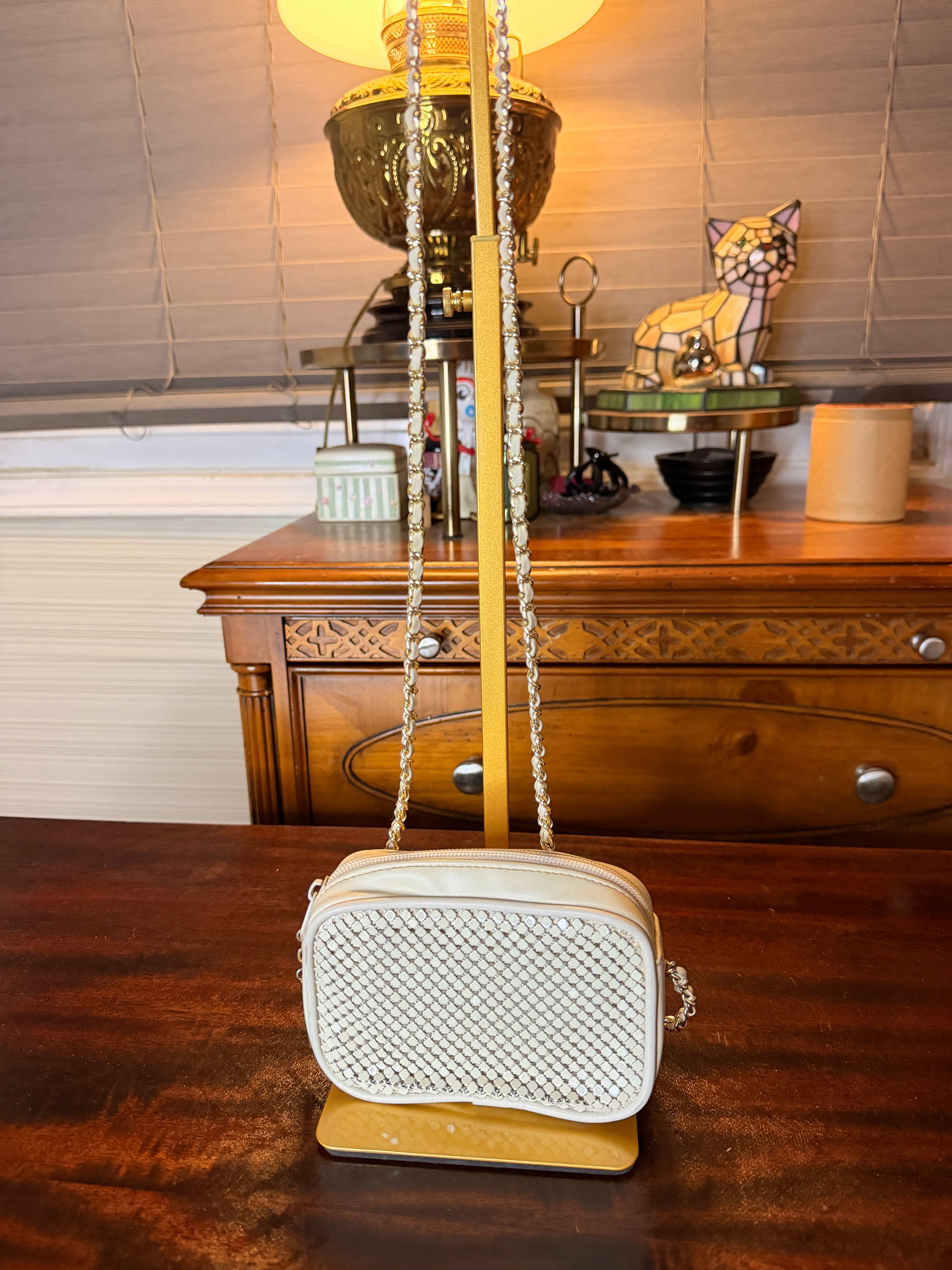 Whiting & Davis International White Mesh Faux Leather Crossbody Bag Gold Chain