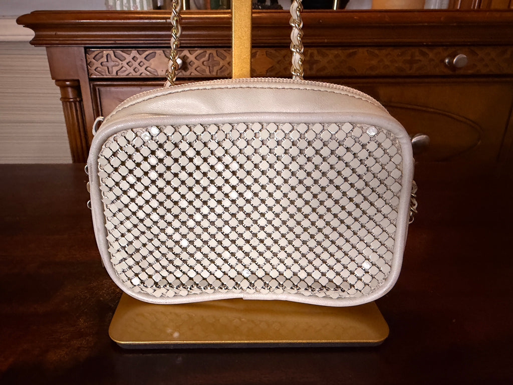 Whiting & Davis International White Mesh Faux Leather Crossbody Bag Gold Chain