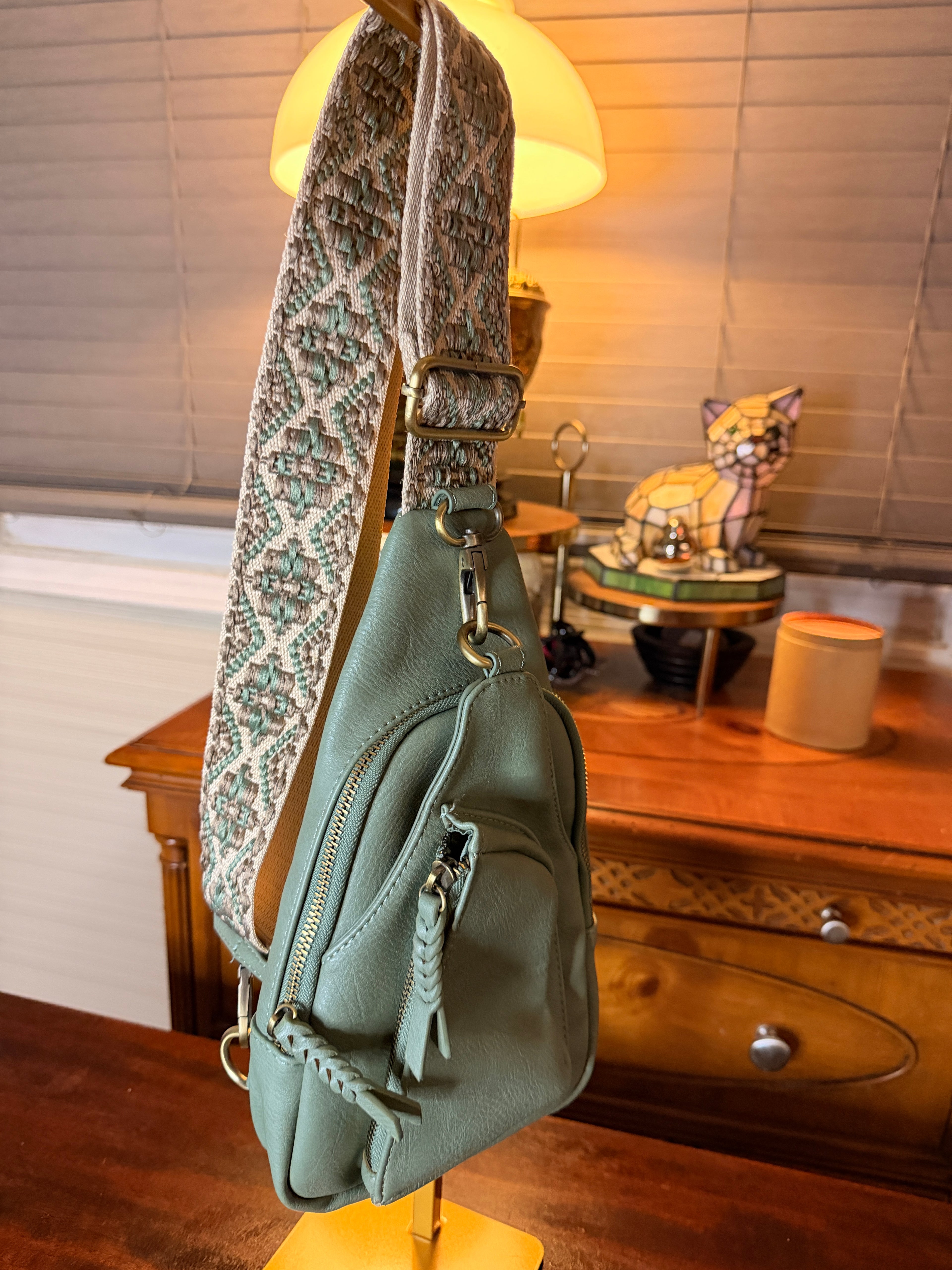 Antik Kraft Sage Green Sling Backpack with Embroidered Adjustable Strap