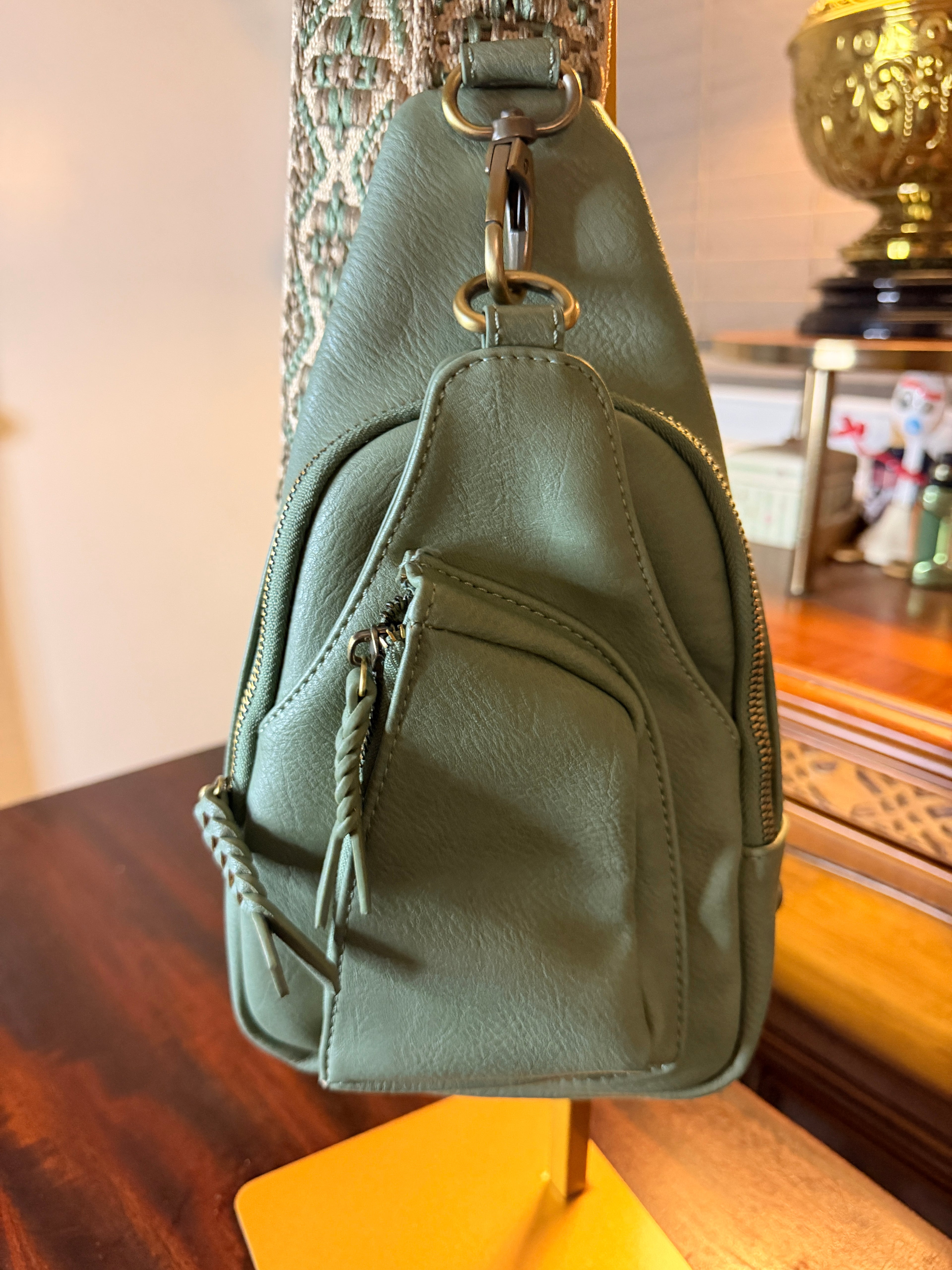 Antik Kraft Sage Green Sling Backpack with Embroidered Adjustable Strap