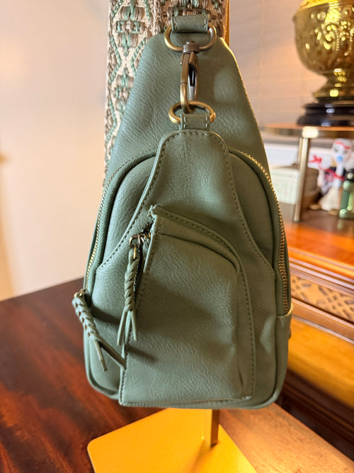 Antik Kraft Sage Green Sling Backpack with Embroidered Adjustable Strap
