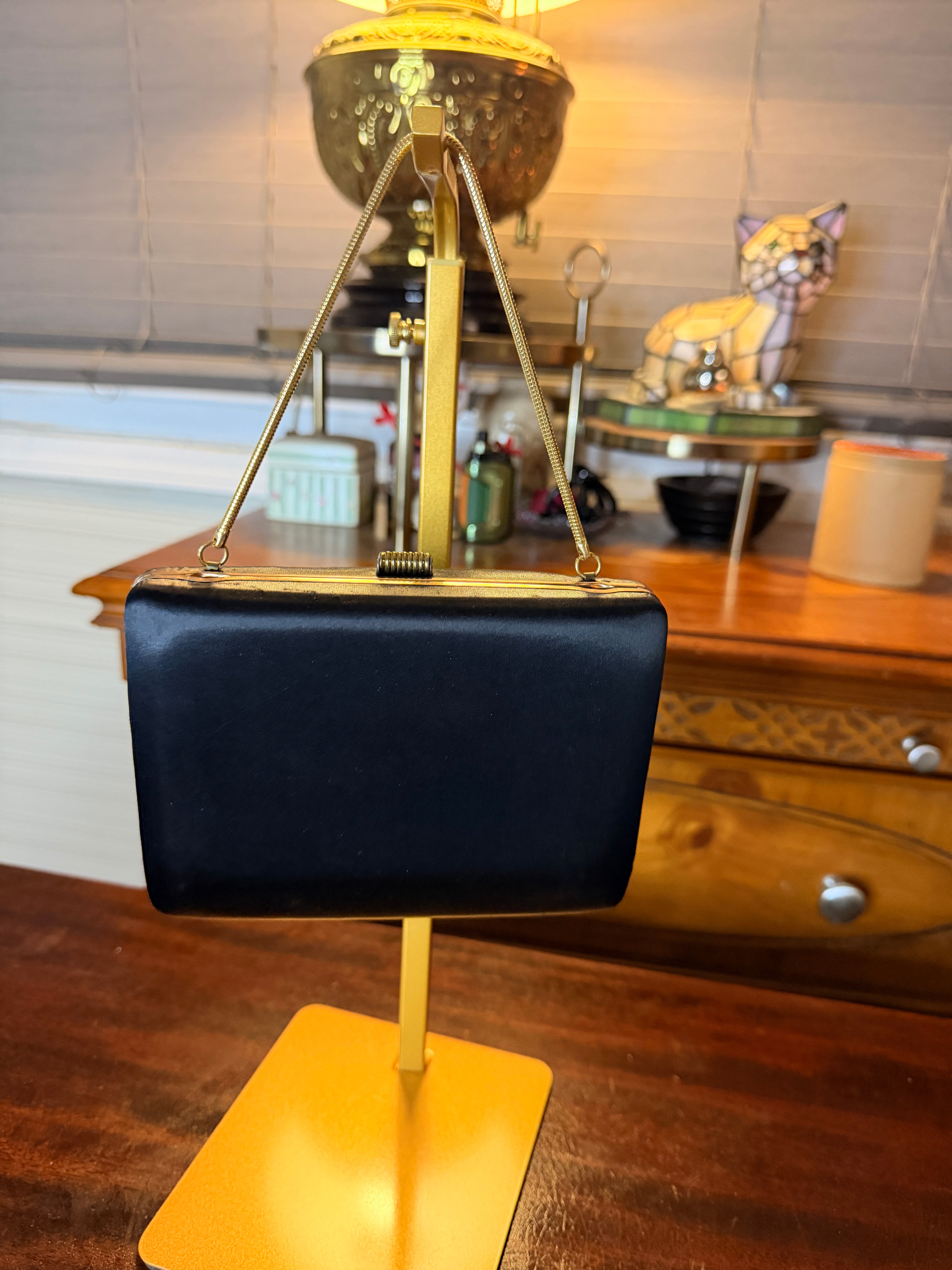Vintage Black Satin Evening Clutch Purse Gold Tone Frame Kiss Lock Handbag