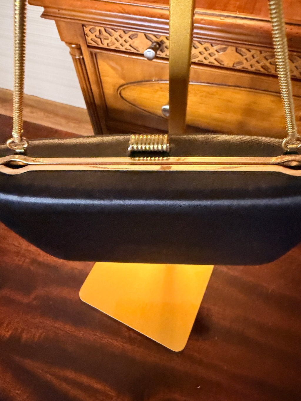 Vintage Black Satin Evening Clutch Purse Gold Tone Frame Kiss Lock Handbag