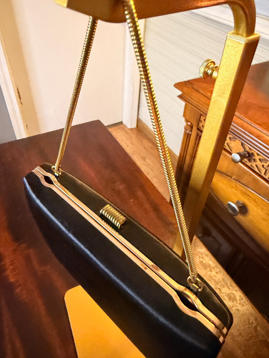 Vintage Black Satin Evening Clutch Purse Gold Tone Frame Kiss Lock Handbag