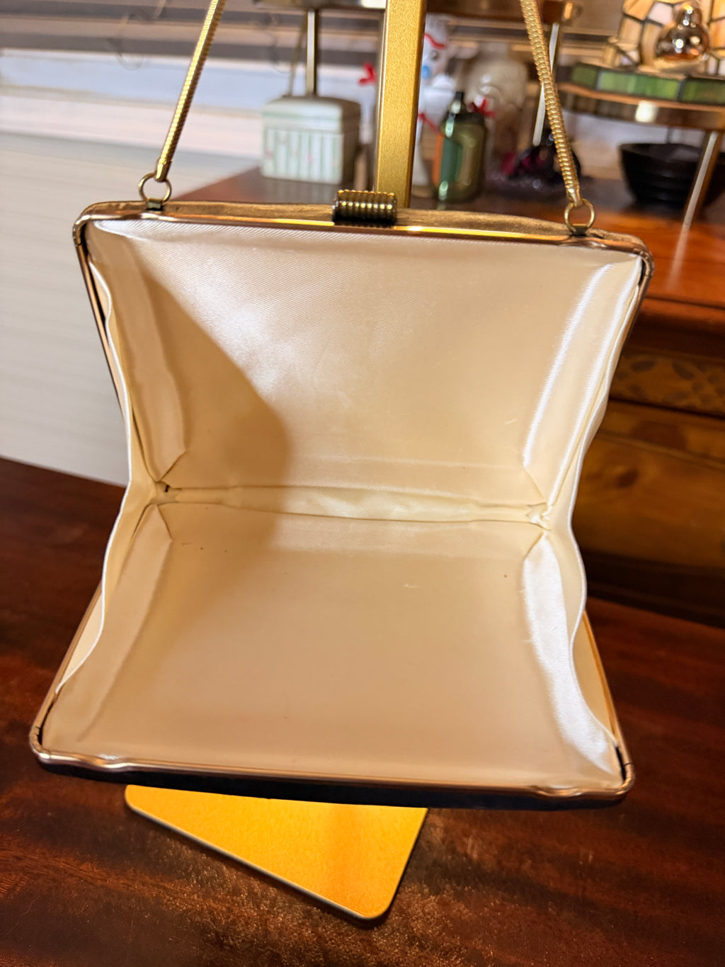 Vintage Black Satin Evening Clutch Purse Gold Tone Frame Kiss Lock Handbag