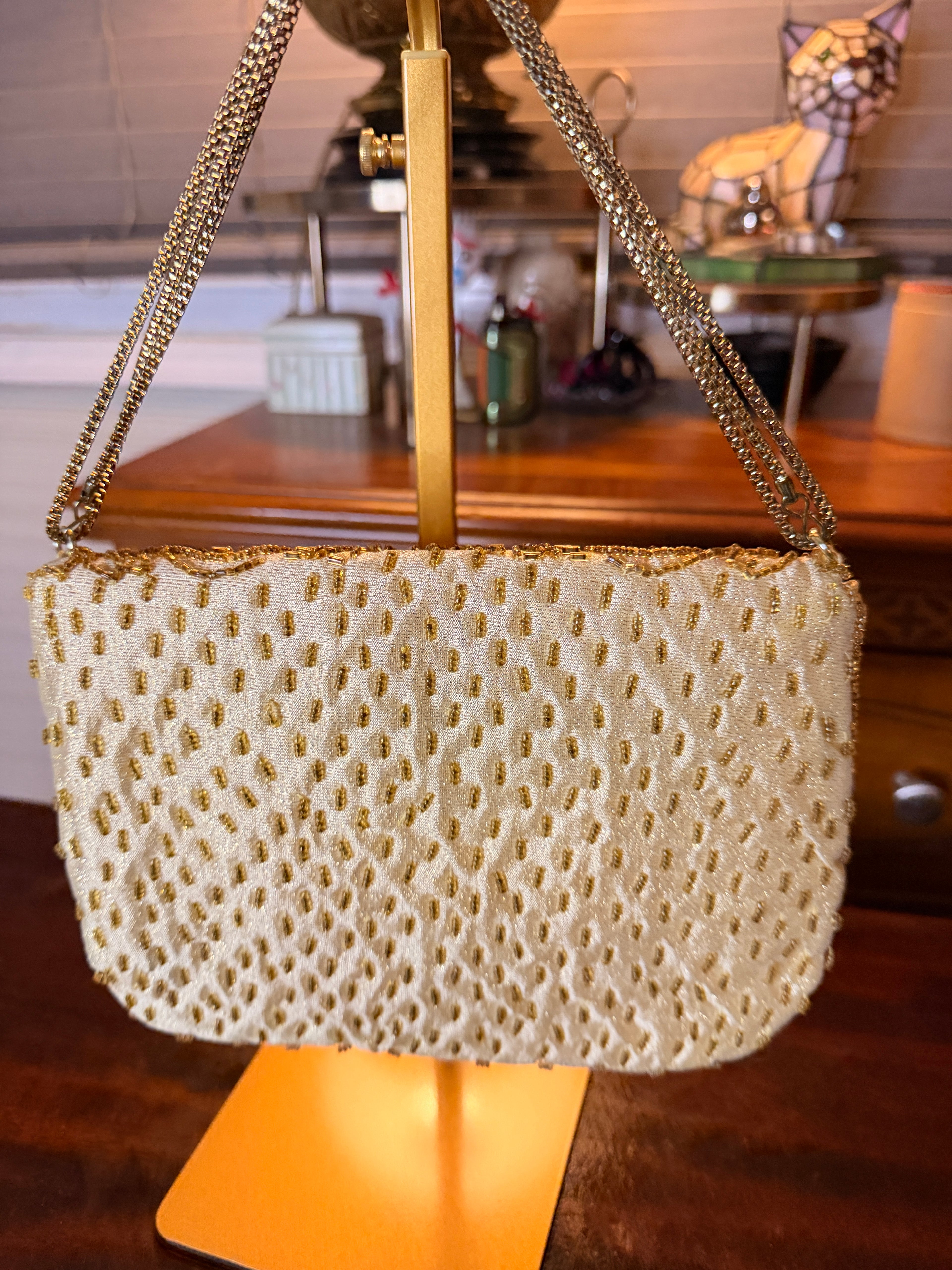 Regal Ltd. Ivory & Gold Hand Beaded Evening Clutch with Chain Strap