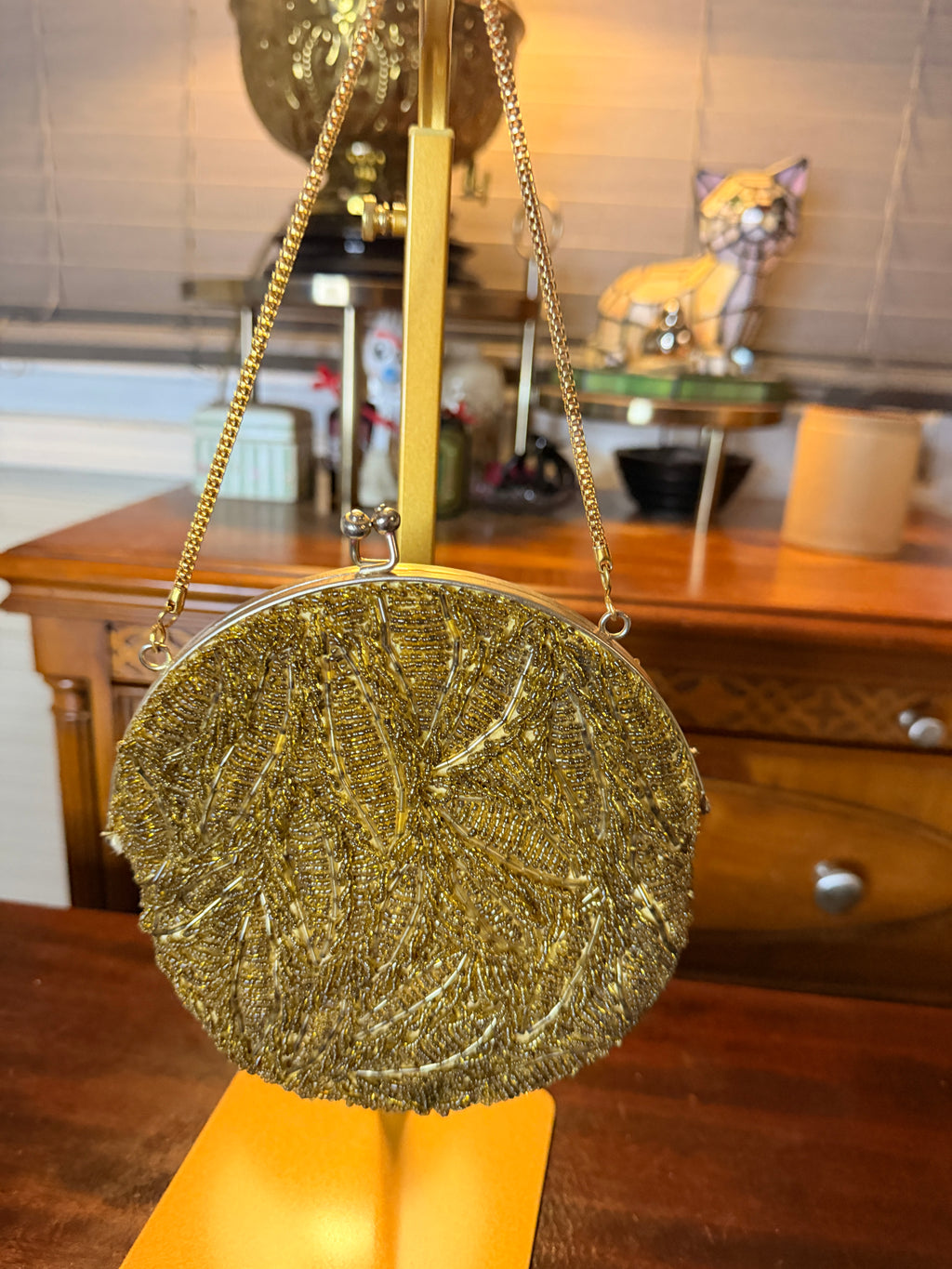 Vintage Gold Glass Beaded Kiss Lock Evening Bag with Chain Strap
