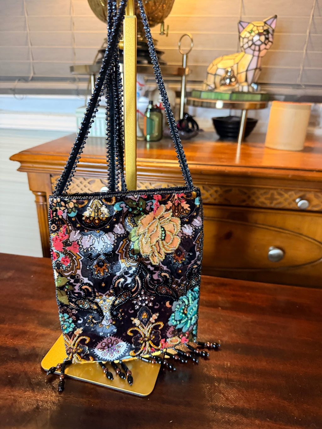 Handmade Black Velvet Floral Beaded Boho Shoulder Bag with Fringe
