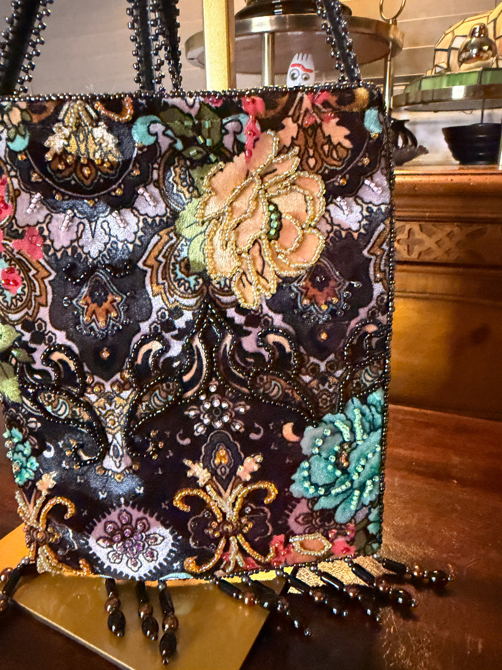 Handmade Black Velvet Floral Beaded Boho Shoulder Bag with Fringe
