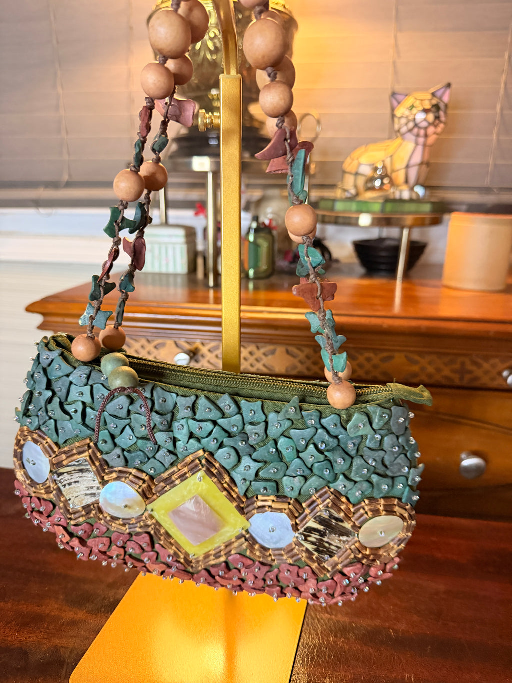 Vintage Sun 'N' Sand Raffia Shell & Wooden Bead Boho Shoulder Bag