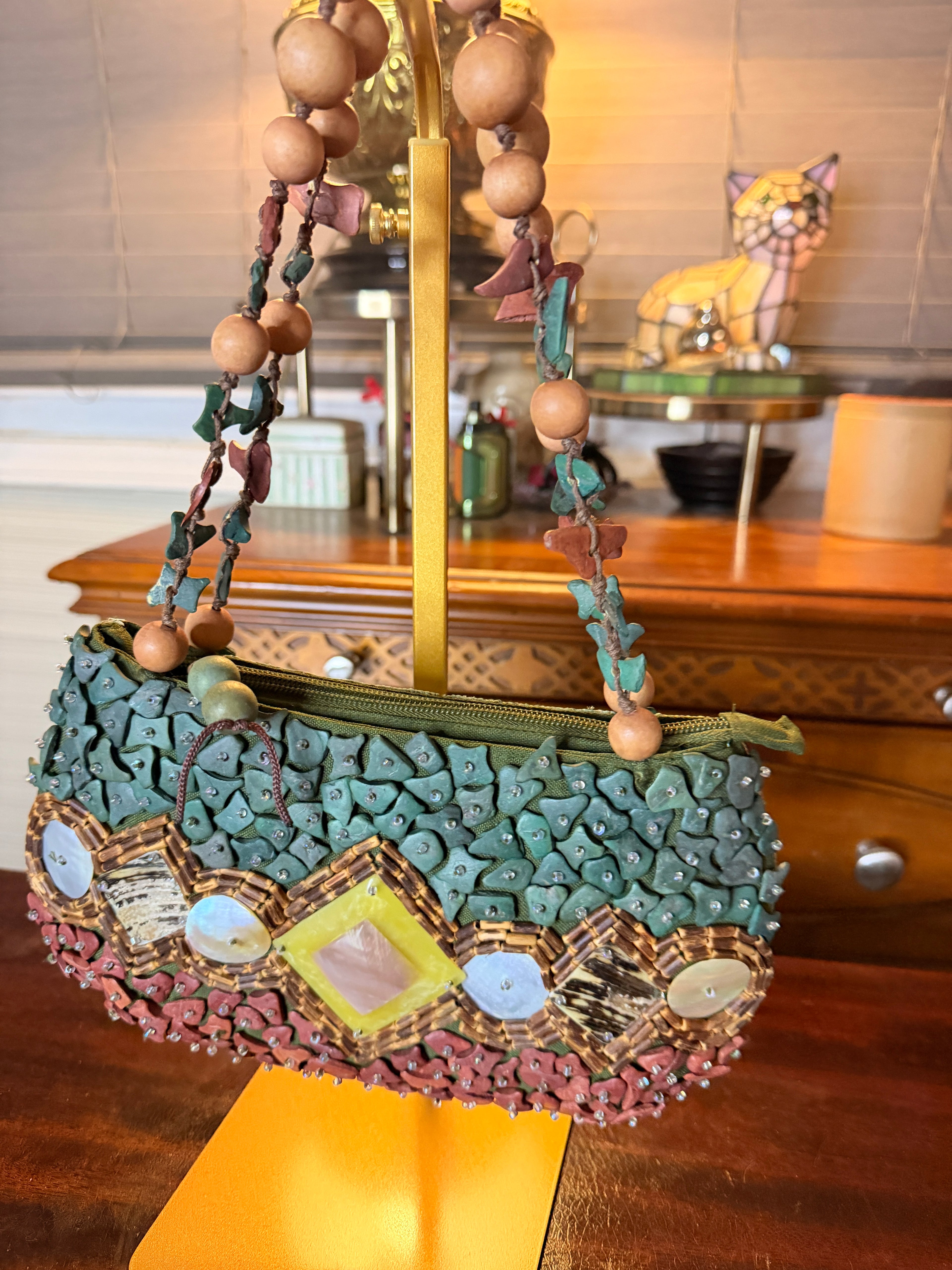 Vintage Sun 'N' Sand Raffia Shell & Wooden Bead Boho Shoulder Bag