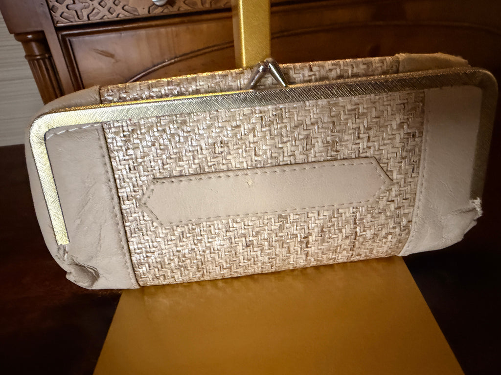 Vintage White Vinyl & Woven Vanity/Cosmetic Case